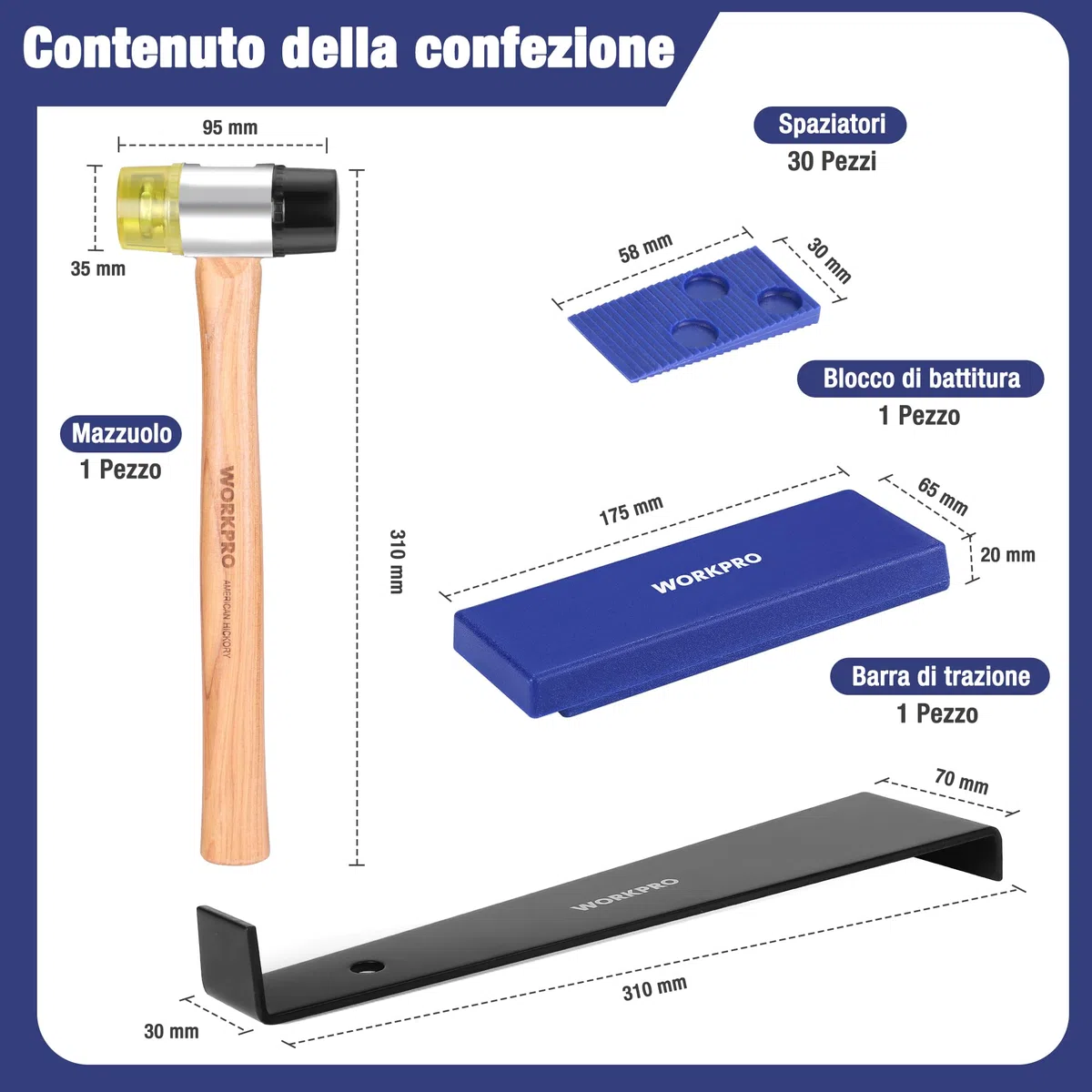 WORKPRO Strumenti per Pavimenti in Laminato, Kit per Pavimenti con 30 Distanziali per Pavimenti in Laminato, Martello a Doppia Faccia, Barra di Trazione, Blocco per Maschiatura