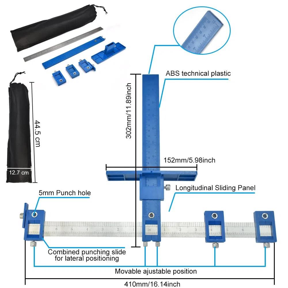 Localizzatore di Punzoni per Legno Guida per Trapano Localizzatore di Punch Regolabile Set Guida di Foratura Rimovibile Dima di Posizionamento per Armadietti,Maniglie delle Porte