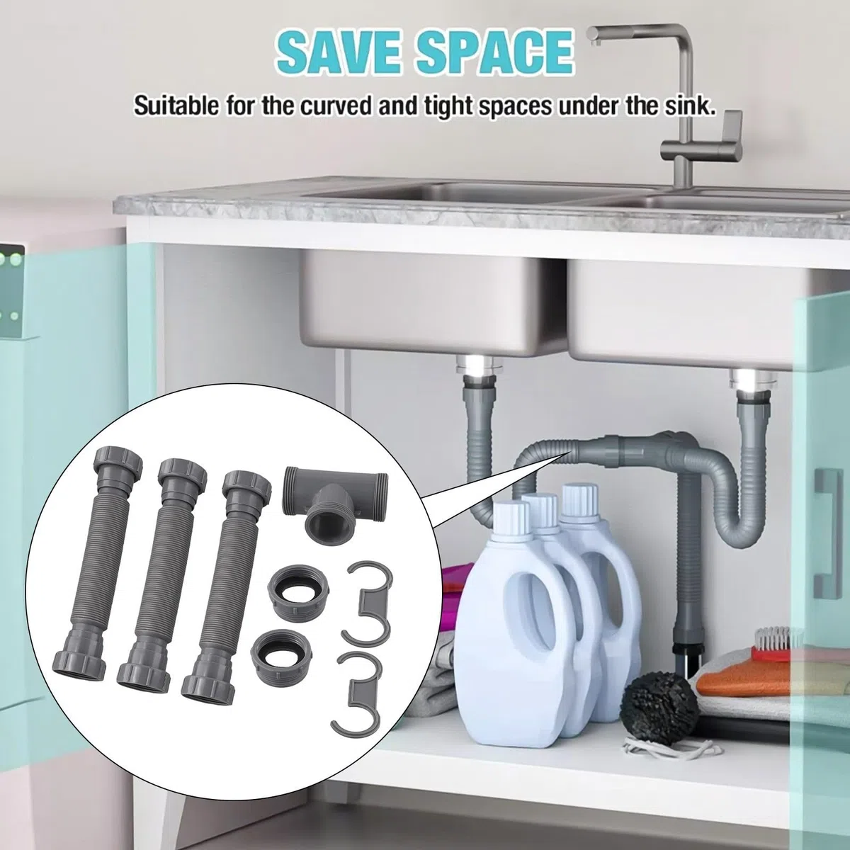 Besttoolifes Kit di scarico flessibile per doppio lavello, 1-1/2 e 1-1/4", adattatori e connettore a T, guarnizioni in silicone per prevenire le perdite