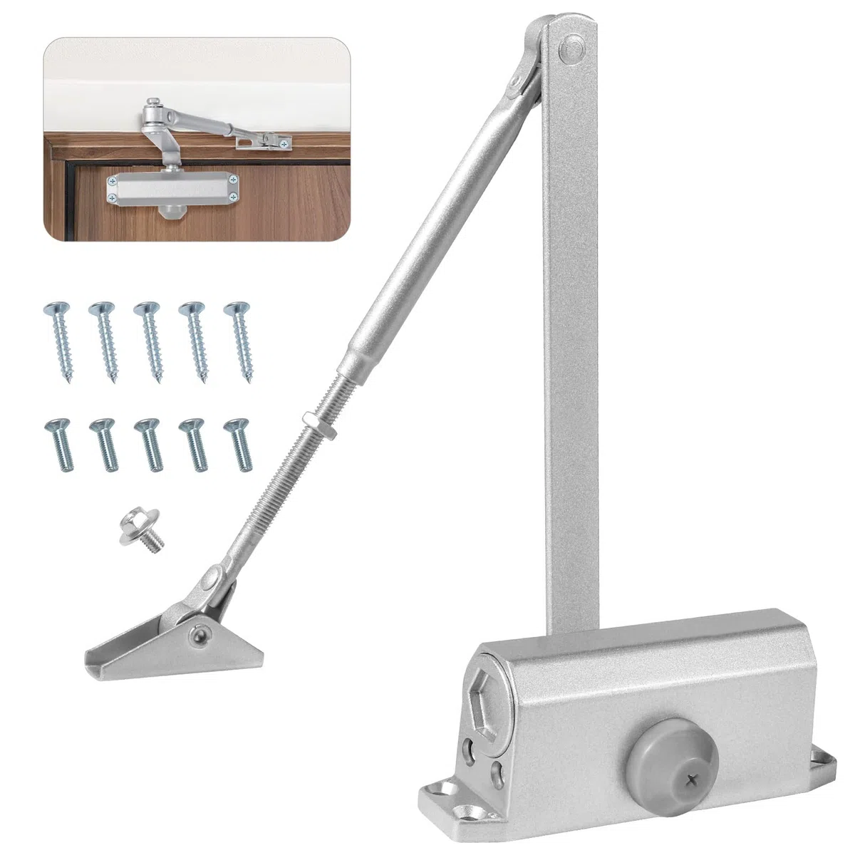 Vinabo Chiudiporta Idraulico Regolabile, per Porte Interne da 15-45 kg, con Funzione di Ritenuta, Ideale per Uso Domestico e Commerciale, Argento