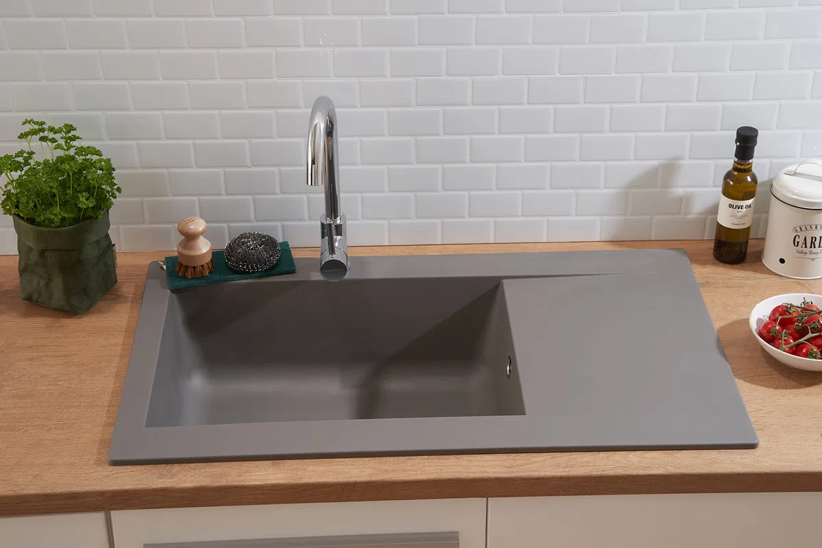 Respekta Lavello da Cucina Denver in Mineralite Color Grigio Antracite, Lavello da Incasso con 1 vasca, dimensioni 86 x 50 cm, Lavello Adatto per Mobili Sottolavello da 60 cm di Larghezza