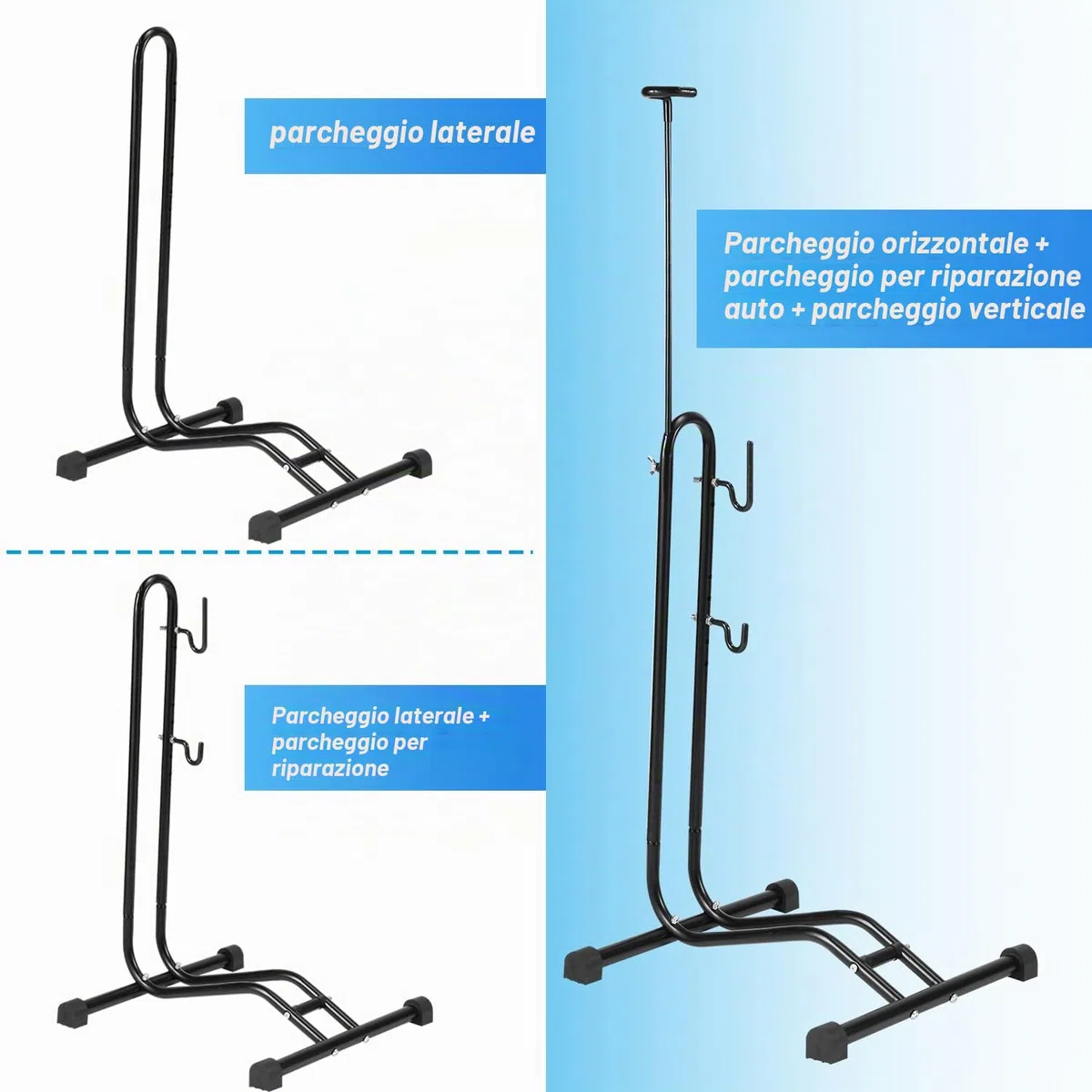 Cavalletto 3 in 1, regolabile in altezza, supporto orizzontale e verticale, antiscivolo, fino a 7 cm, compatibile biciclette fino a 27,5"