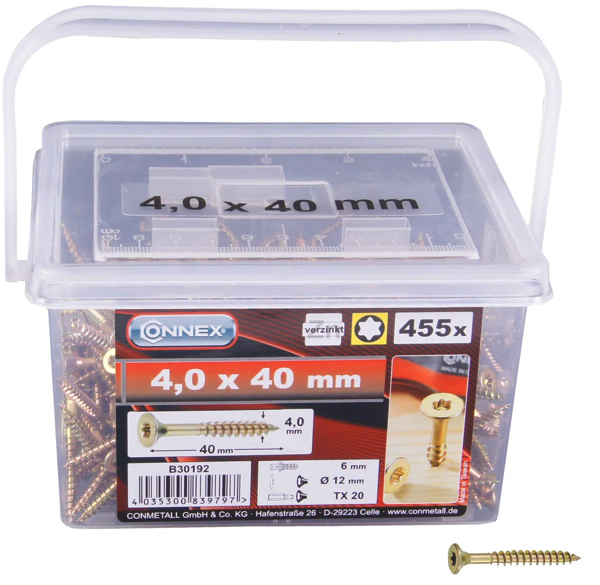 Connex Viti universali 4,0 x 40 mm – 455 pezzi nel set – testa svasata – attacco TX – filettatura parziale – giallo zincato/set di viti/secchio viti / B30192