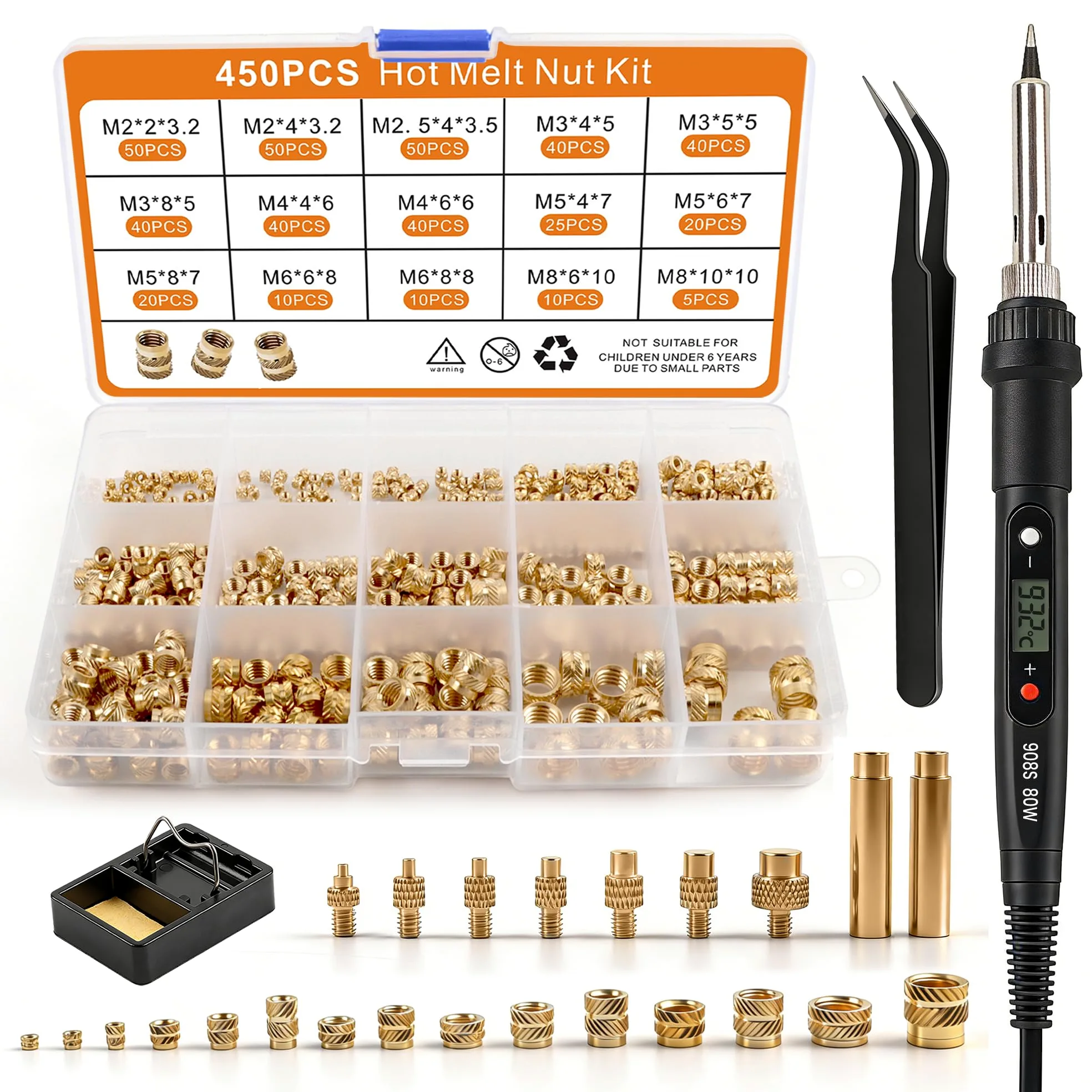 Set di 450 inserti filettati, set di punte per saldatura, con temperatura regolabile, con 7 punte per saldatura e 2 adattatori e supporto per saldatore e pinzette, 450 inserti filettati M2 M2.5 M3 M4