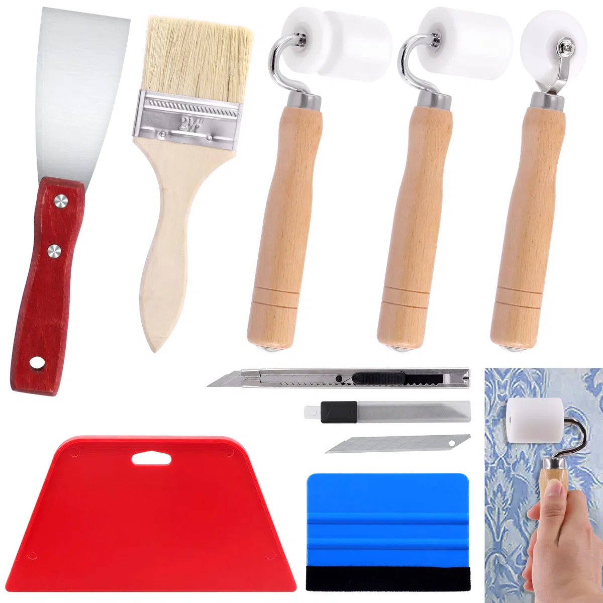 Swpeet 9Pcs Carta da Parati Piatta Cuoio Rullo con Assortiti Strumenti di Carta da Parati Kit, Corner Roller Putty Coltello Pennello di Vernice in Legno Artigianato Coltello Squeegees Blu