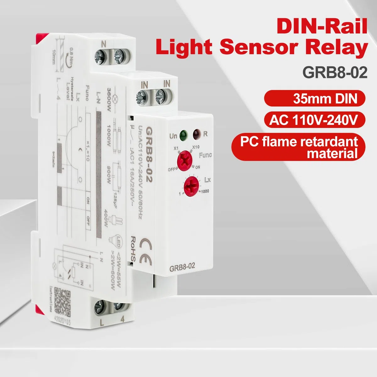BuyWeek GRB8-02 Relè di Controllo Luce Relè Sensore Luce Montato Su Guida Timer Interruttore Luce Scala Ac 110 V-240 V, Interruttore Automatico, Sensibilità Alla Luce 1-1000 Lx/10-10000 Lx