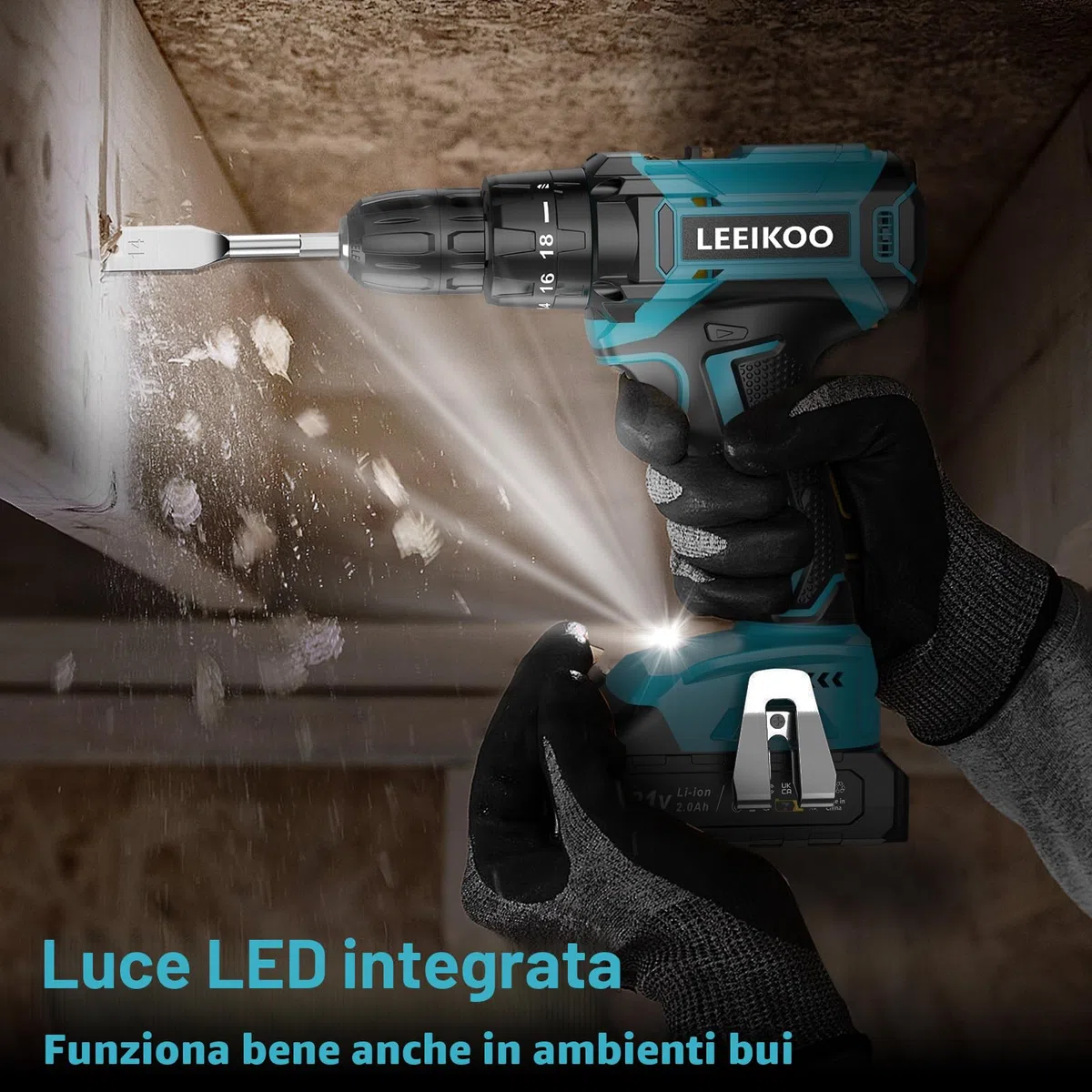 Trapano Avvitatore Batteria 21V, LEEIKOO Avvitatore Elettrico con Batteria da 2.0Ah, 42N.m di Coppia, 2 Velocità, 18+1 Coppia, 20 Accessori, Luce a LED, Per il fai da te, in Casa e Giardino