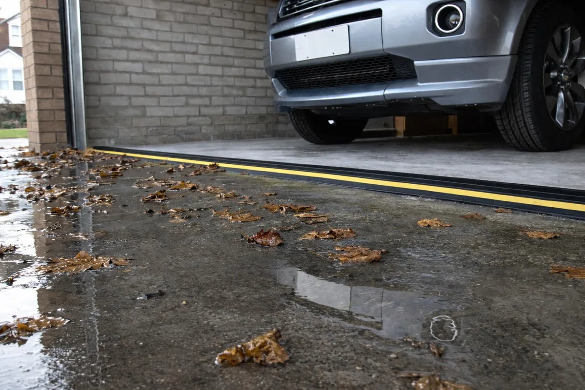 Kit soglia barriera antiallagamento per porta garage alta 4 cm 2,21 m | PVC flessibile | Il kit completo include 1 adesivi | GaraDry