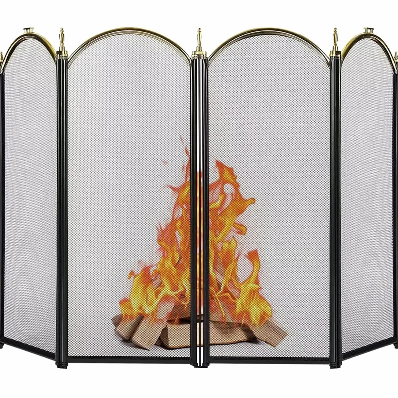 Amagabeli Grande Parascintille per camino Oro 4 Pannelli Ornato Ferro Battuto Nero Metallo Camino Cancello In Piedi Rete Decorativa In Acciaio Solido Schermo per Camino Strumenti Esterni Accessori