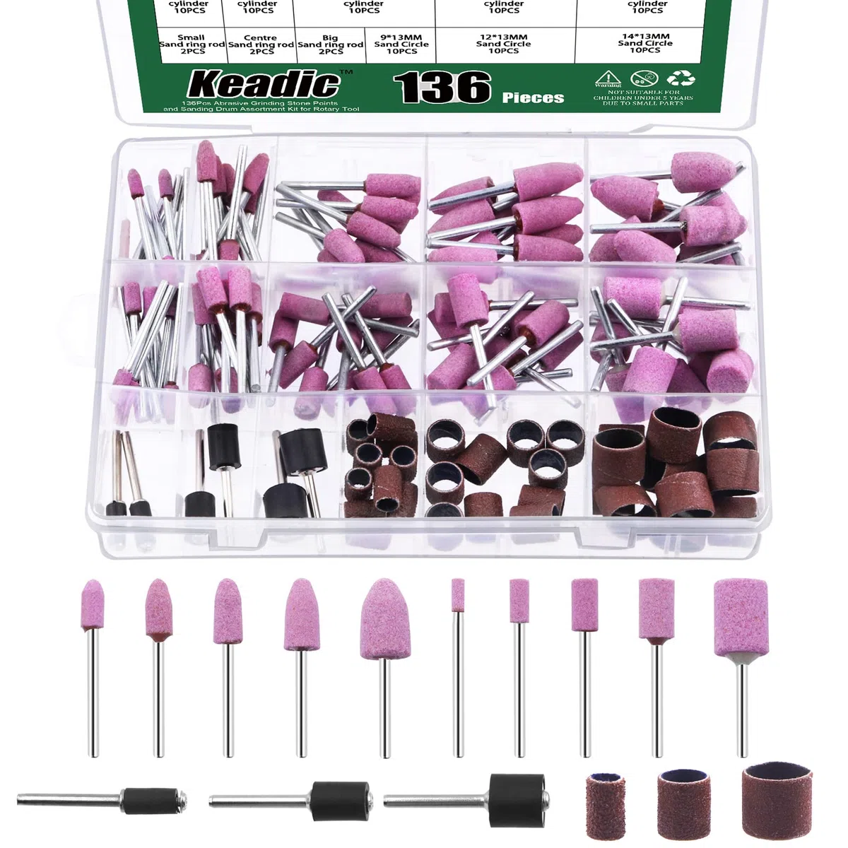Keadic Il set di 136 ruote per lucidatura contiene manicotti abrasivi in ossido di alluminio e punta da trapano abrasiva con gambo da 1/8", accessori per utensili rotanti per metallo, plastica, legno