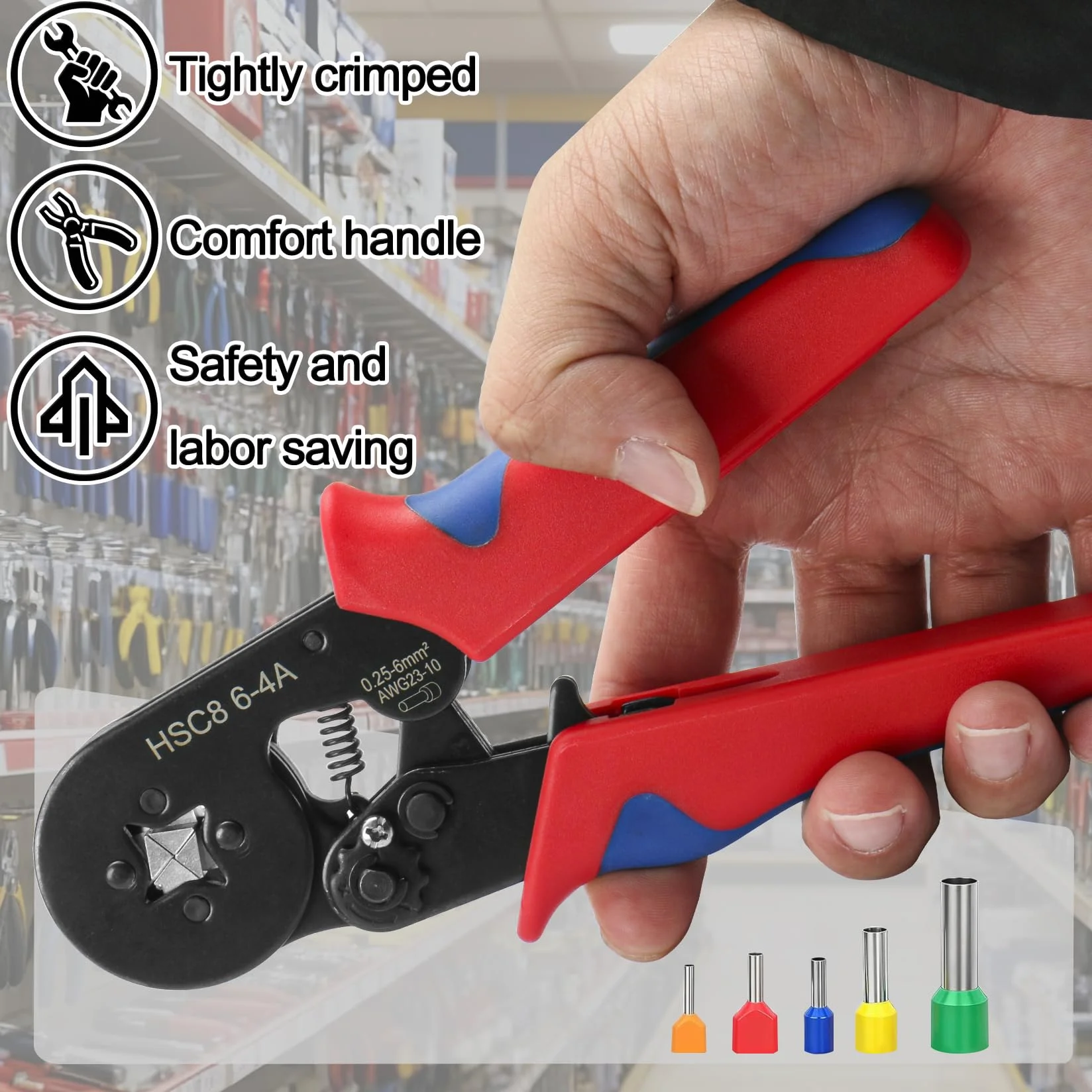 Heschen Pinza per pinze HSC8 6-4 Mini Strumenti di pinzatura auto-registrabili Utilizzare per cavo da 0,25-6,0 mm² (23-10 AWG) Cavo a filo metallico a nastro Rosso