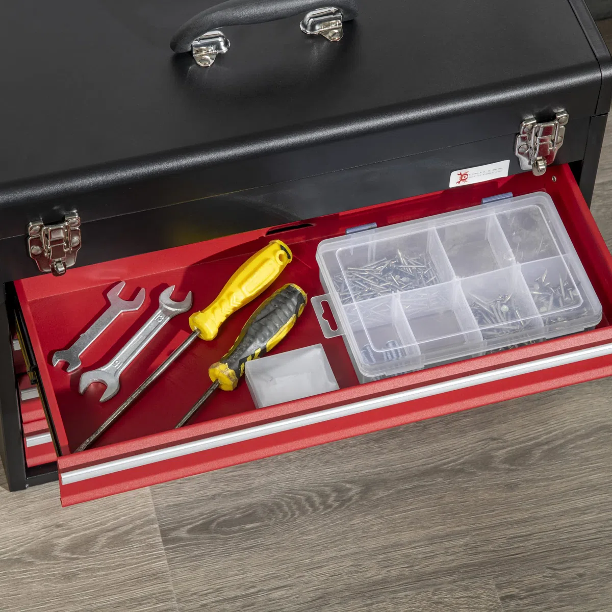 DURHAND Cassetta Porta Attrezzi in Acciaio, Valigetta Attrezzi Vuota con 4 Cassetti e Vassoio Superiore a Doppia Serratura, 51x22x39.5 cm, Rosso e Nero