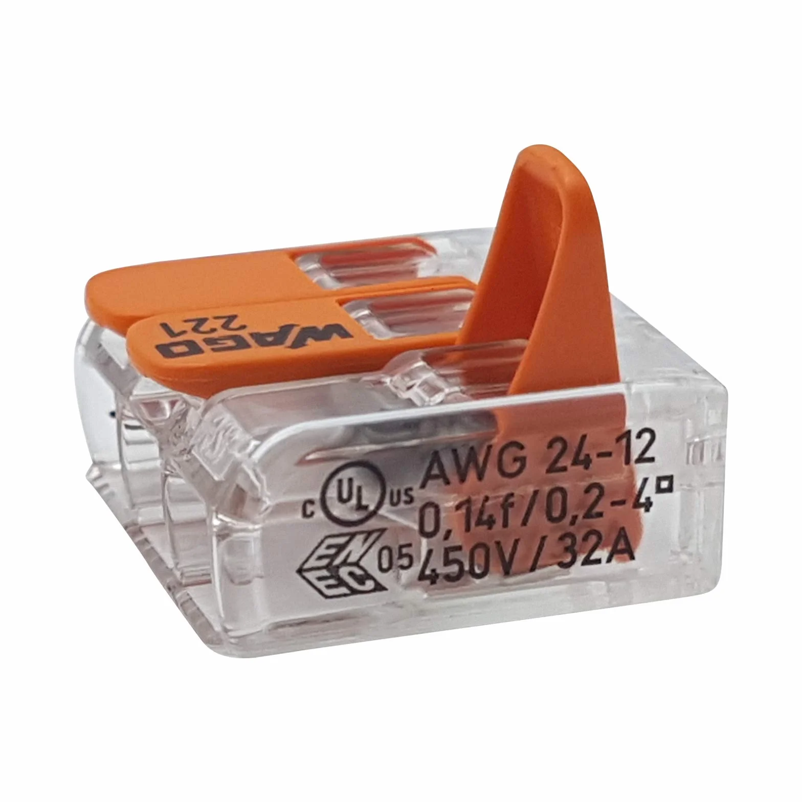 WAGO Terminale plug in 3 vie con cavo per rigid (0,2 – 4 mm²) e cavi flessibili (0,14 – 4 mm²) per aprire again, trasparente/arancione, contenuti: 50 pezzi