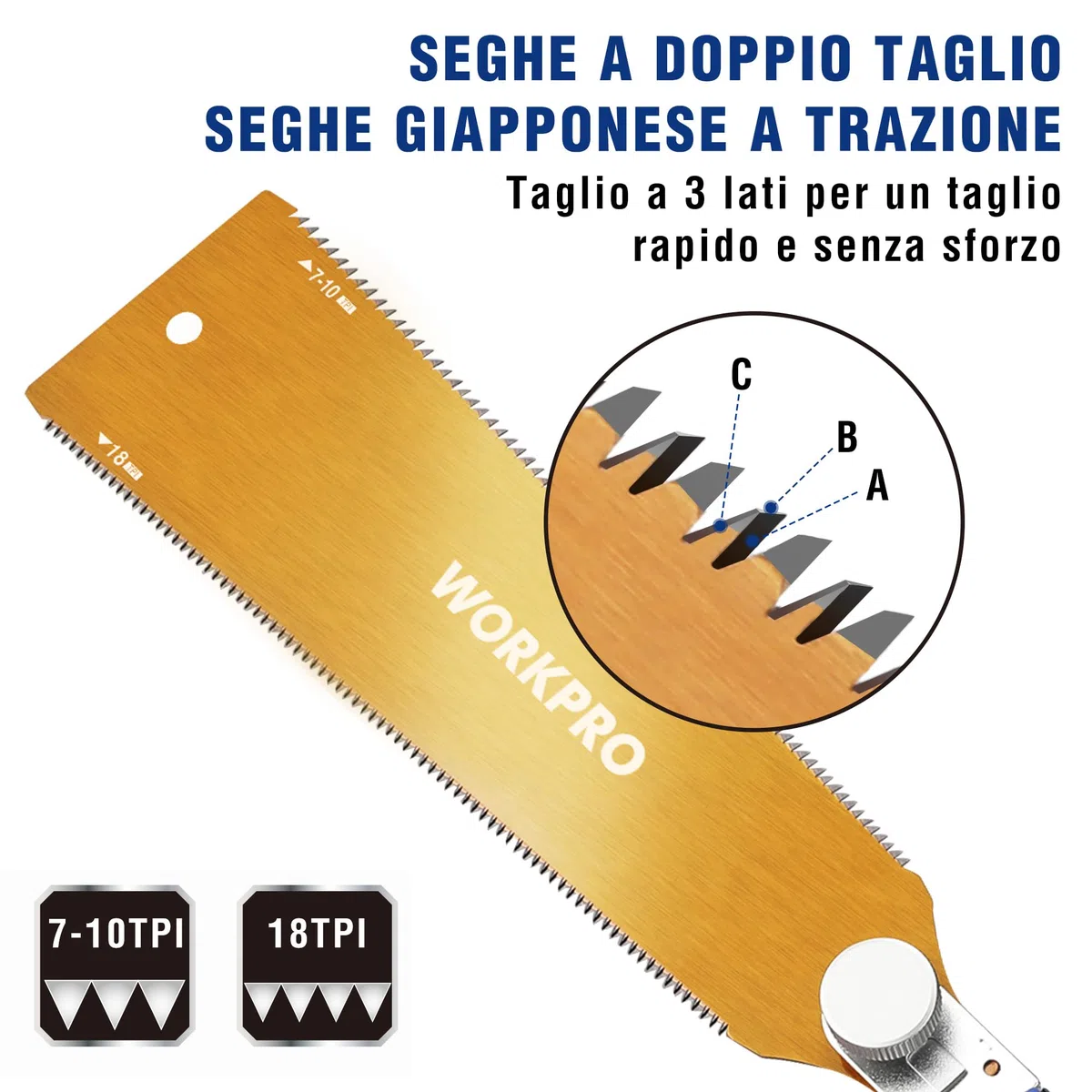 WORKPRO Sega Giapponese da 250 mm, con Lama Sk5 da 0,6 mm e Impugnatura in Legno, Sega Giapponese a Mano a Doppio Taglio 18TPI/7-10TPI, Sega Professionale Fine per Falegnami Fai da Te