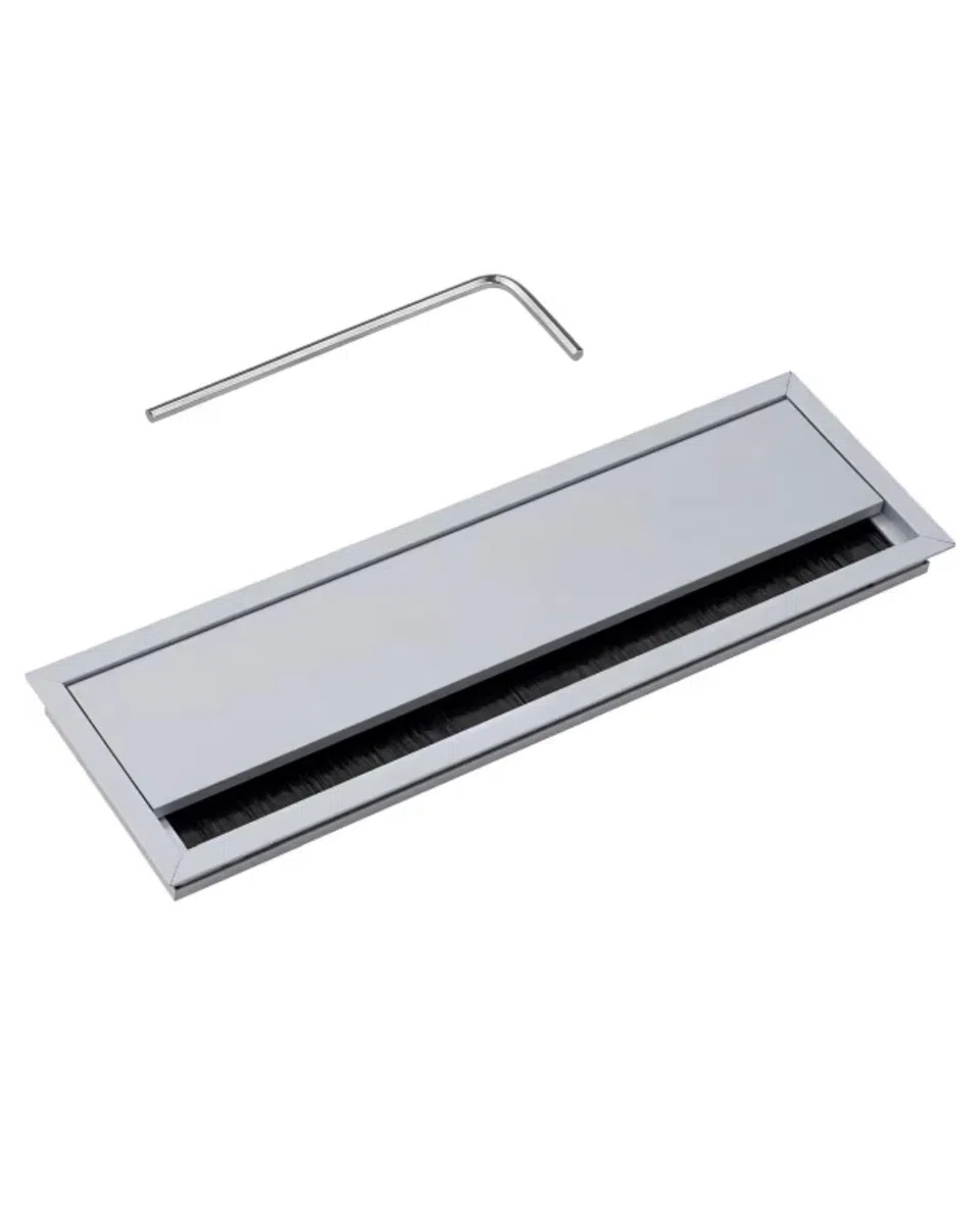 Gedotec Passacavi Argento Scrivania Eco rettangolare con guarnizione a spazzola, passacavo in alluminio argento anodizzato, scatola per cavi da 320 x 100 mm da inserire | 1 pezzo