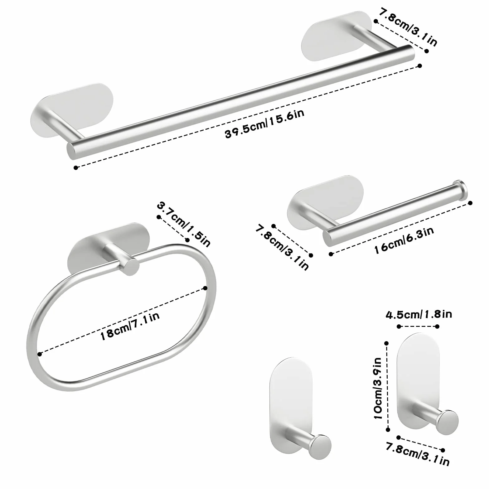 Accessori Bagno Set di 5 - Porta Asciugamani Bagno Adesivo, Porta Carta Igienica, Anello Portasciugamani, Ganci Adesivi, Argento
