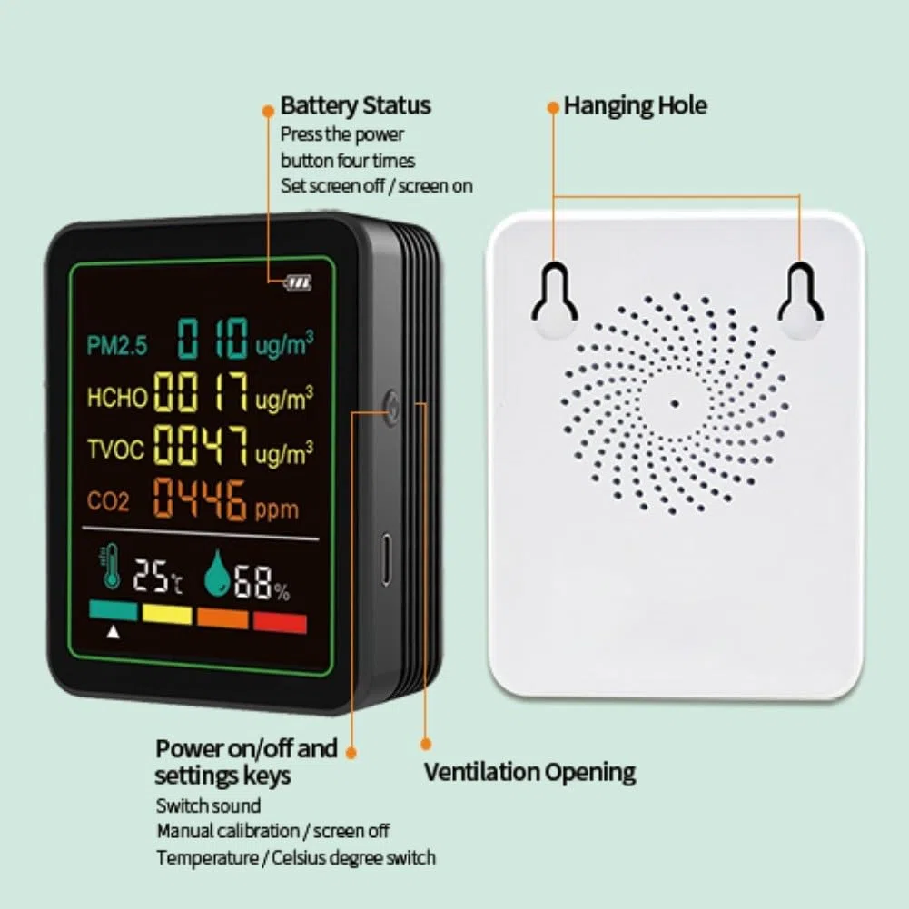 Monitor della qualità dell'aria interna 6 in 1 con TVOC, PM2.5, CO2, formaldeide, rilevamento temperatura e umidità, schermo a colori LED intelligente, ricarica USB-C
