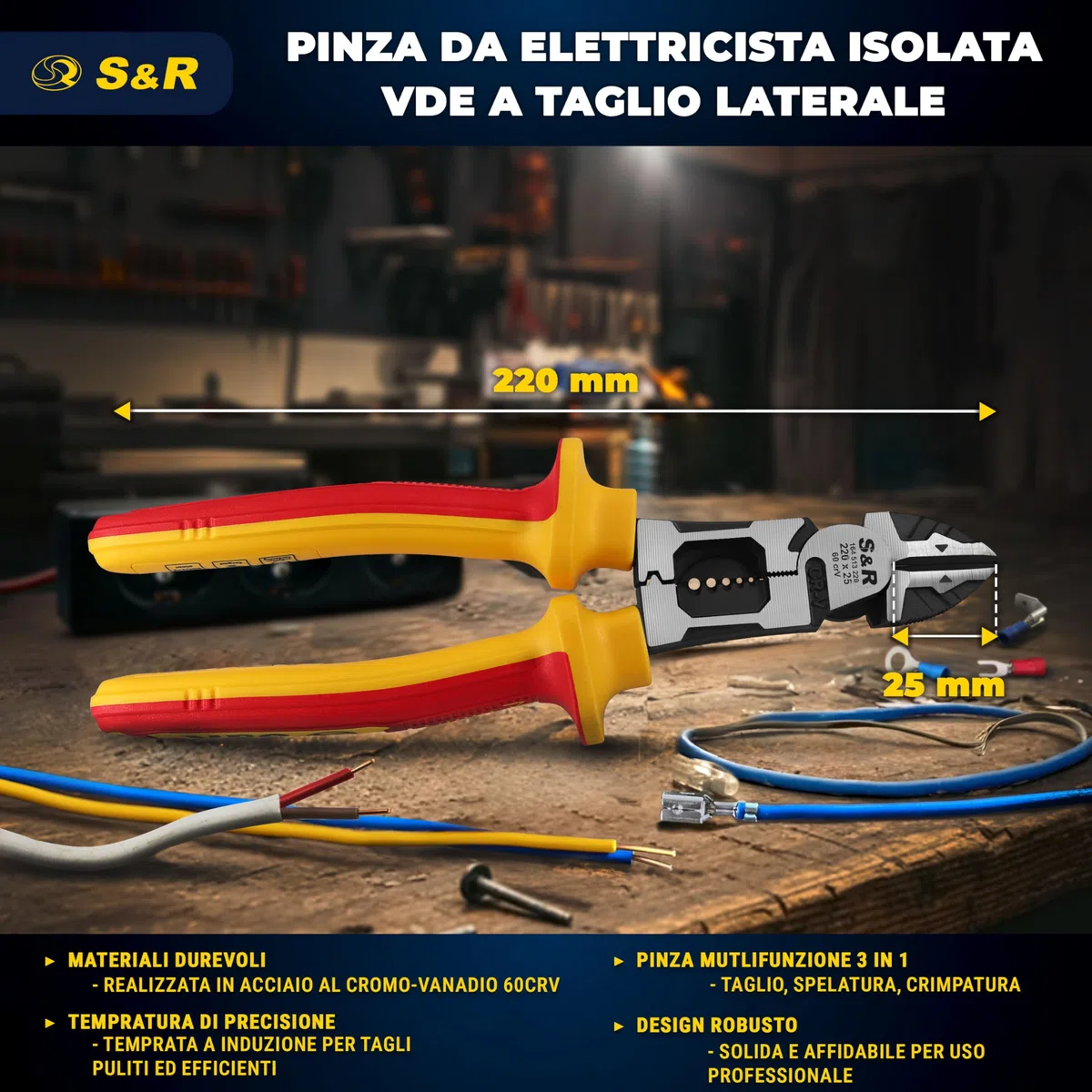 S&R Pinza Elettricista Diagonale Isolata 220 mm VDE 1000V – Pinza Taglio Laterale Combinata 3 in 1 con Spelatura e Crimpatura – Tronchesi per Cavi Professionale in Acciaio 60CrV