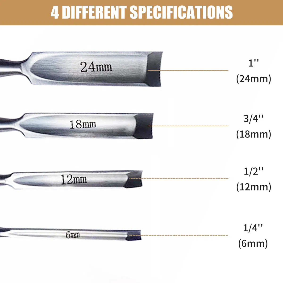 Generic - Set di scalpelli in acciaio al carbonio con bordo semicircolare - Set di scalpelli vuoti curvi rotondi 6mm/12mm/18mm/24mm per lavori fai da te - 4 pezzi