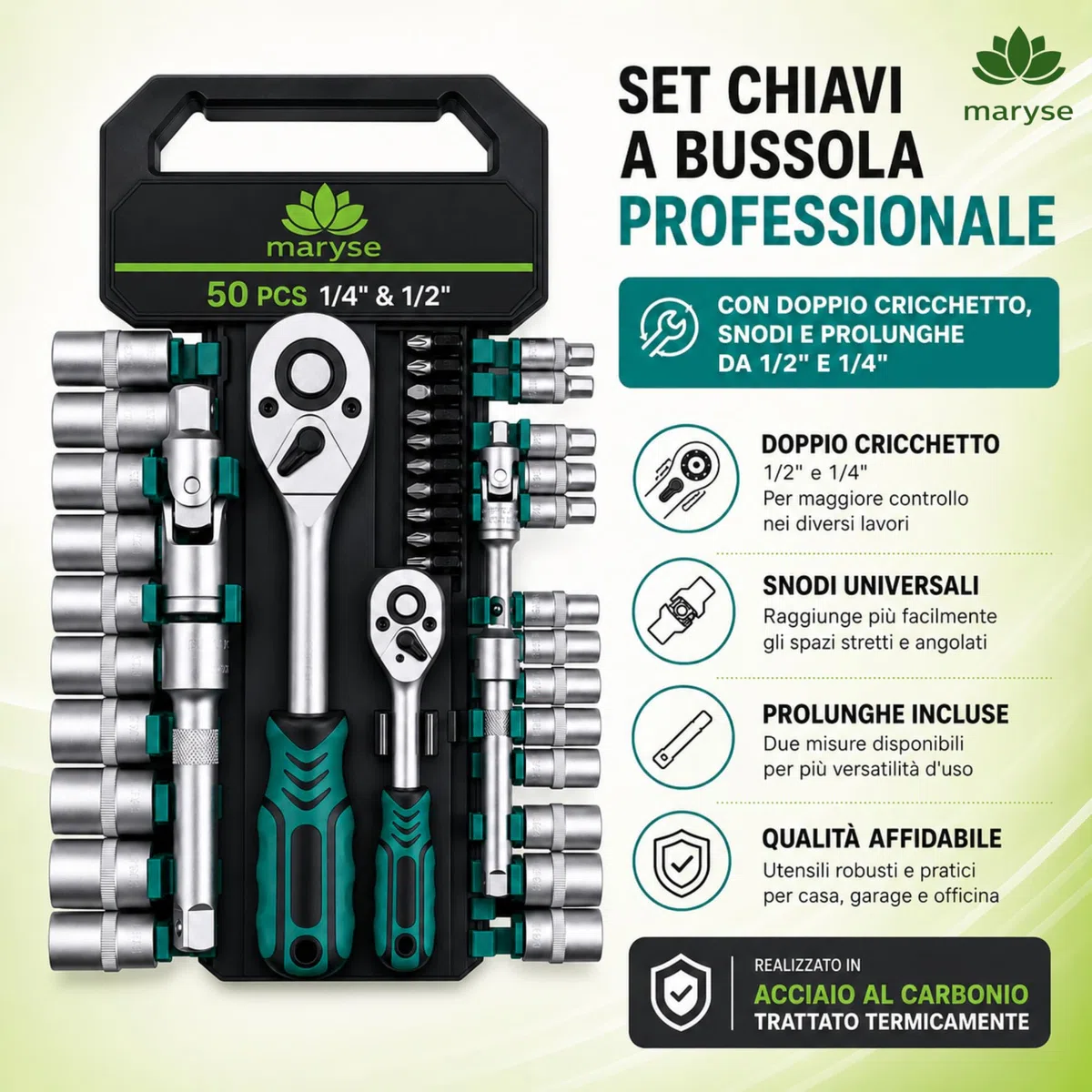 Set Chiavi a Cricchetto PROFESSIONALI 50 Pezzi 1/4" e 1/2" - Kit Cricchetto Reversibile con Chiavi a Bussola Metriche, Inserti, Prolunghe e Snodi Universali - Attrezzi per Auto, Moto, Casa e Officina