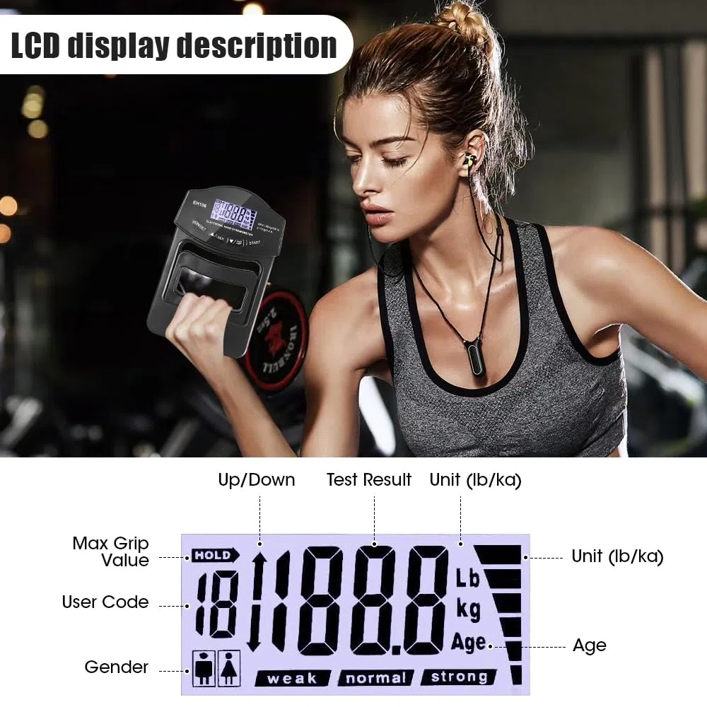Dinamometro Elettronico a Mano, 396lb/180Kg Digitale a Mano Dinamometro Grip, Misurazione della Forza della Presa Digitale, Grande schermo a LED con cavo di ricarica USB