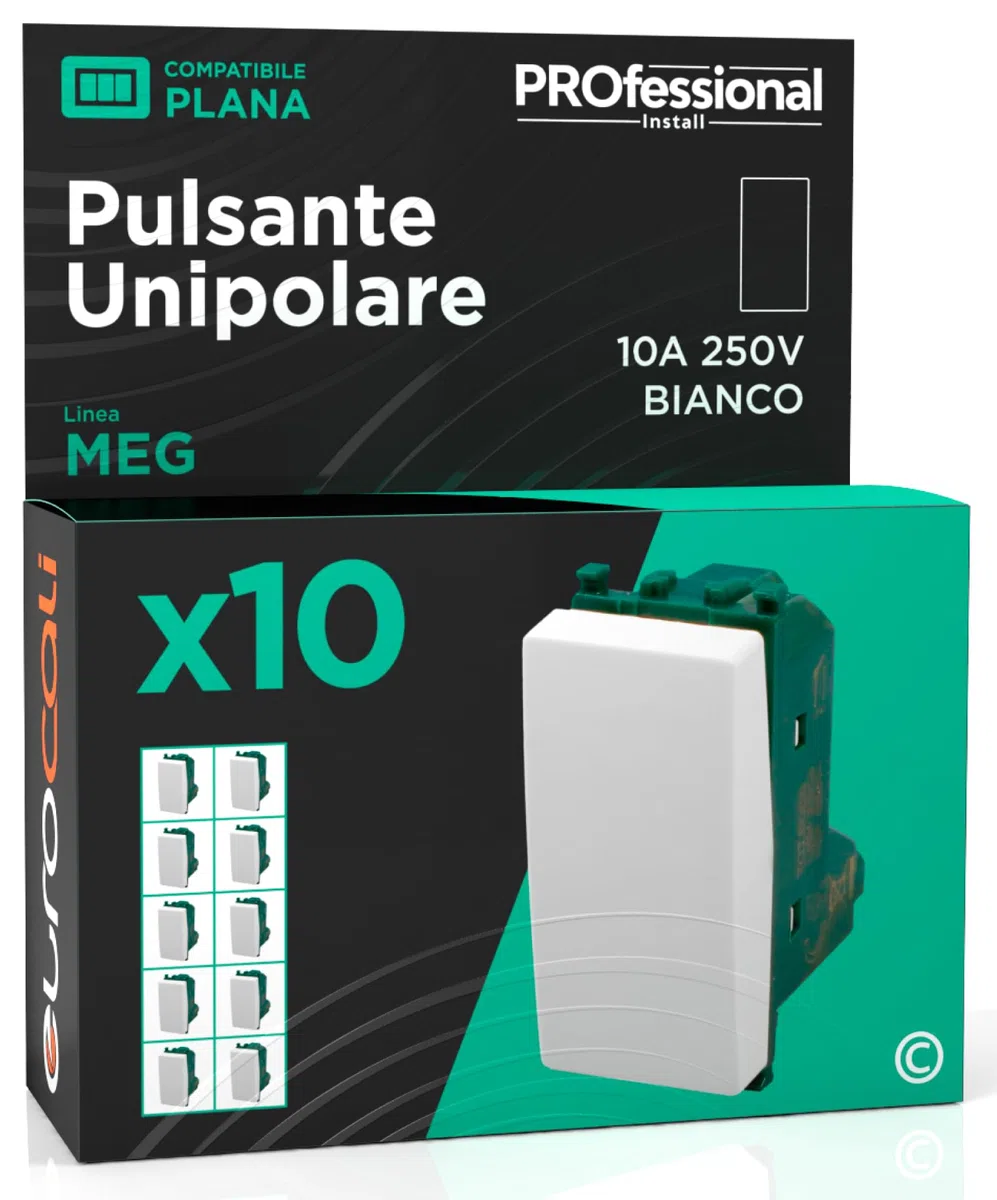 Pulsante Unipolare 10A 250V Compatibile con Vimar Plana Tasto a Polo Singolo a Incasso da Muro Frutti Elettrici Colore Bianco - Confezione da 10