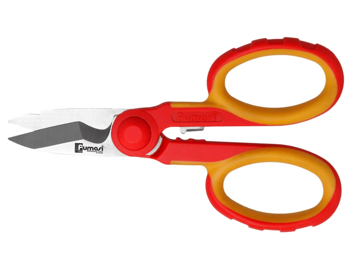 230846.0 Forbici Elettricista in Acciaio Vanadio con Lame Microdentate, Rosso/Giallo/Acciaio, 145 mm