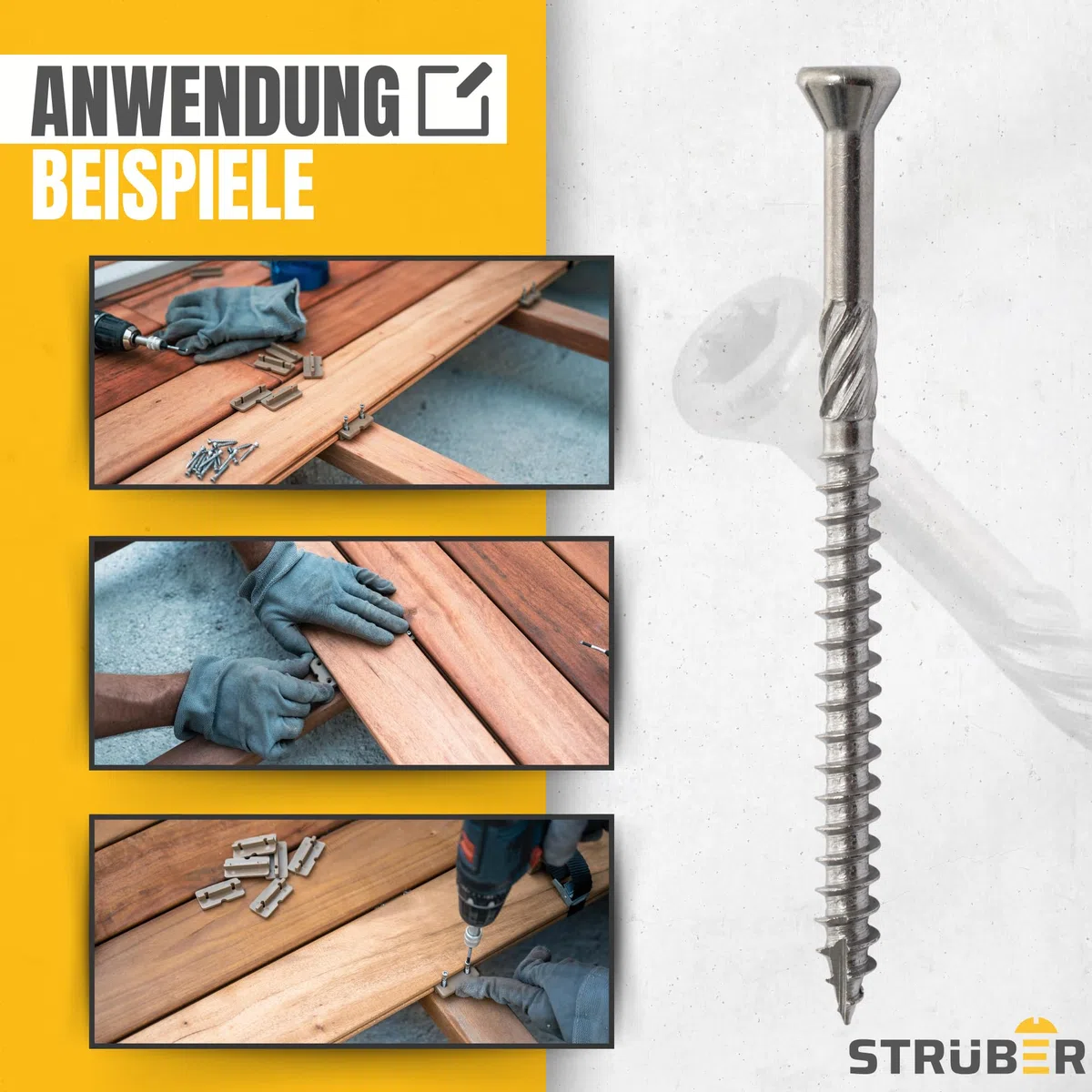 STRÜBER Viti per terrazze con testa svasata decorativa e impronta Torx (5,0 x 60 mm / 200 pezzi/TX-25) - Vite per legno in acciaio inox temprato C2 - inserto S2 TX incluso