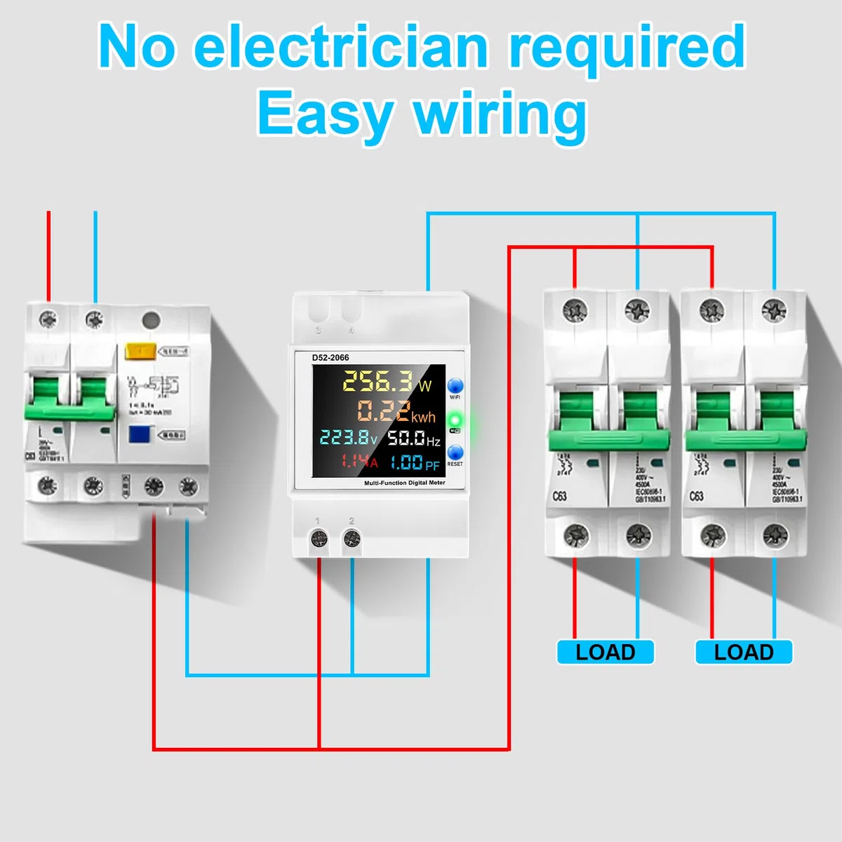 WiFi Contatore Energia Elettrica Monofase, 6 in 1 Multifunzione Misuratore Contatore AC 40-300V 100A Elettrico Amperometro Voltmetro DIN Misuratore di Elettricità con Display LCD
