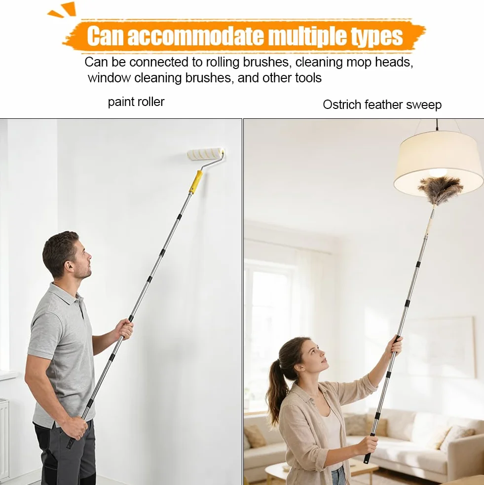 Asta Telescopica 3,6 m, Rullo Pittura, Prolunga in Acciaio Inox Leggera, 9 Sezioni Estensibili per Pittura, Pulizia Finestre, Grondaie, Adattatore Conico, Filetto a Spirale