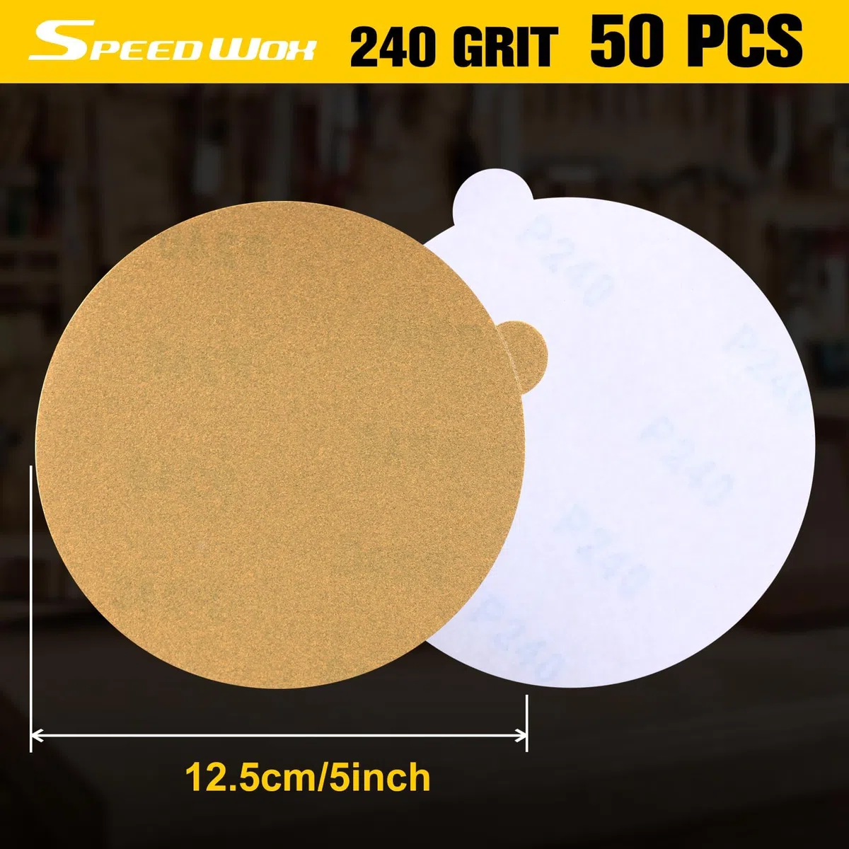 SPEEDWOX 50 dischi abrasivi PSA dorati da 12,7 cm, grana 240, autoadesivi, per levigatrice DA, dischi abrasivi PSA dorati, per levigatura automobilistica, pittura auto, lavorazione del legno, metallo