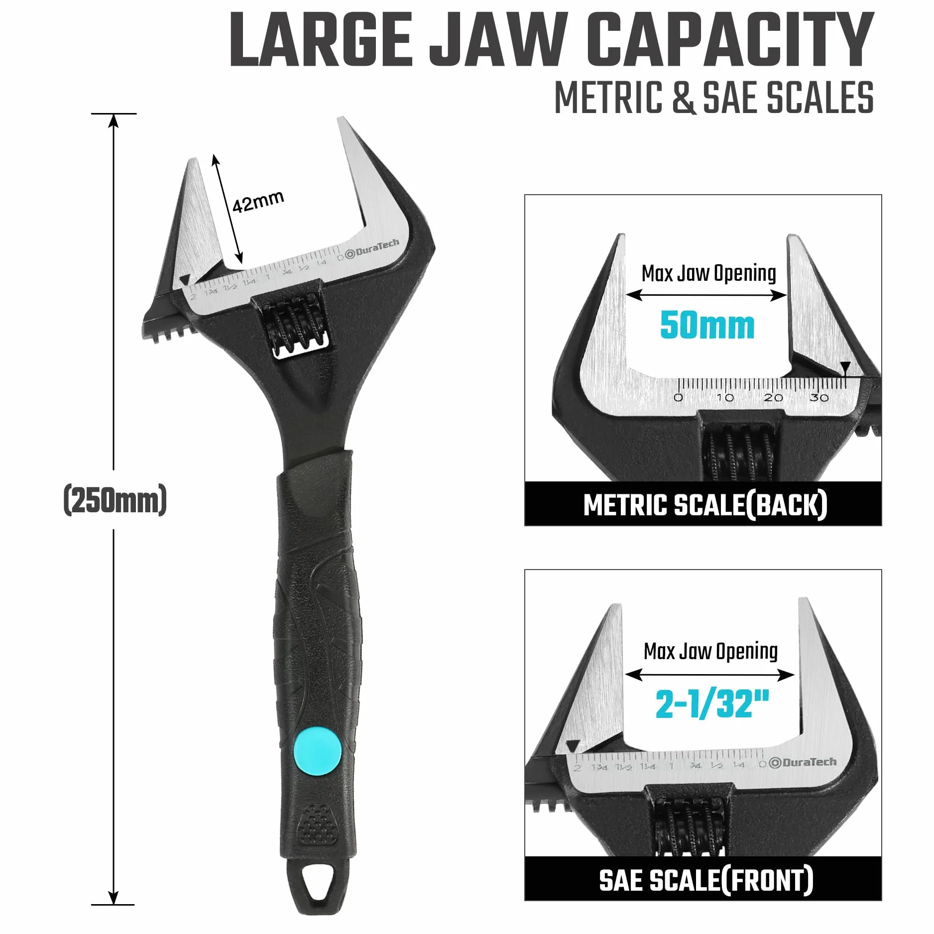 DURATECH Chiave regolabile da 10"/250mm, ampia ganascia con grande apertura, strumento di riparazione manuale per bacini idraulici, acciaio CR-V, scala SAE e metrica, impugnatura ergonomica