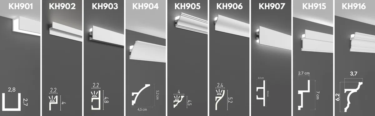 Cornici velette per led a soffitto e parete (lunghezza 2 metri - KH904), per illuminazione indiretta con le strisce led | decorative, prefabbricate in duropolimero