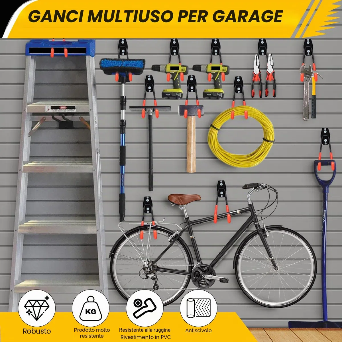 4 Pezzi Ganci per Garage da Muro, Ganci per Garage Appendi Tutto, Ganci da Parete Garage Lunghi per Scale, Biciclette, Attrezzature Sportive