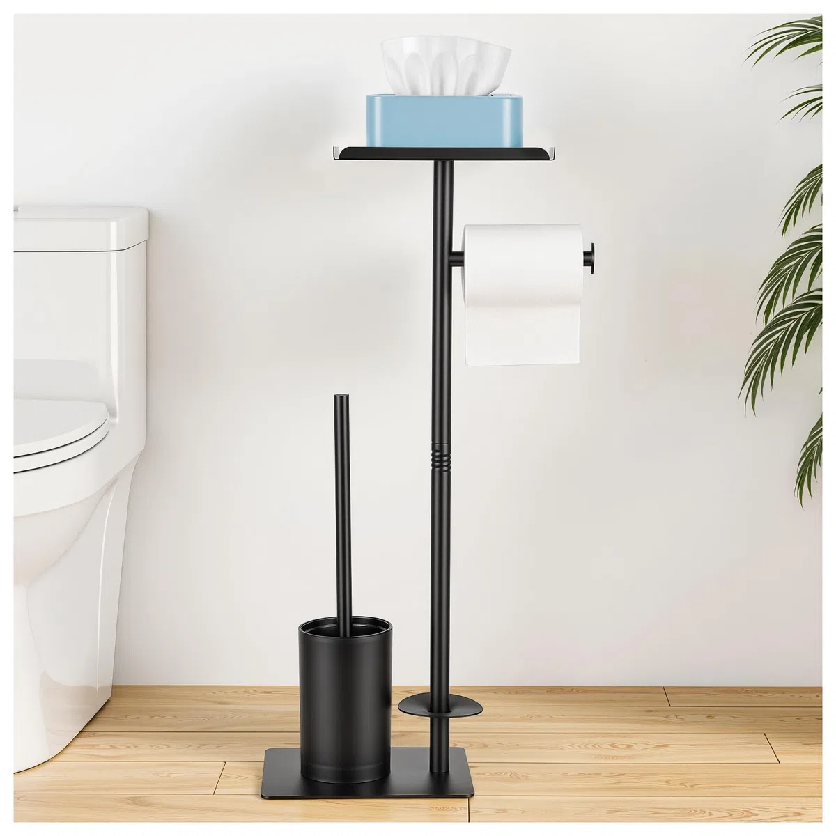 Porta Carta Igienica Autoportante con Ripiano Superiore,Porta Carta Igienica da Terra con Scovolino per WC,Non Richiede Forature, Facile da Installare, Ideale per Riporre Oggetti in Bagno