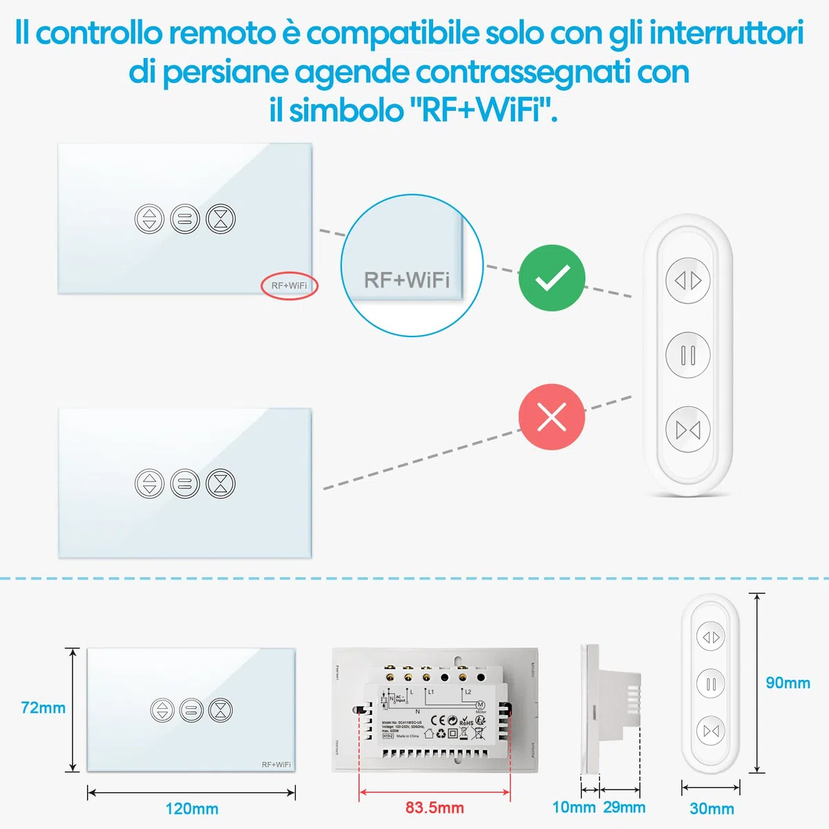 LoraTap Interruttore Tapparelle WiFi con Telecomando RF, Interruttore Tattile per Tapparelle Elettriche, Controllo Vocale con Alexa e Google Home, Controllo App Smart Life, Timer Switch 600W, Bianco