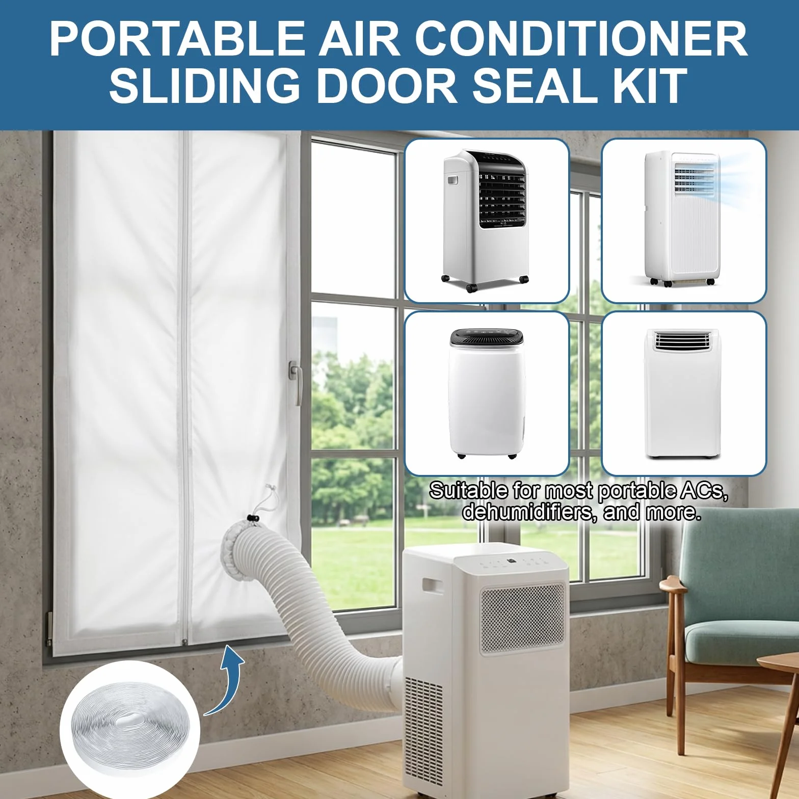 Ninonly Universale Guarnizione Porta Condizionatore con Cerniera,Installazione Facile,Blocca l'Aria Calda Adatto alla Maggior Parte dei Condizionatori Portatili per Porte(90x210cm)