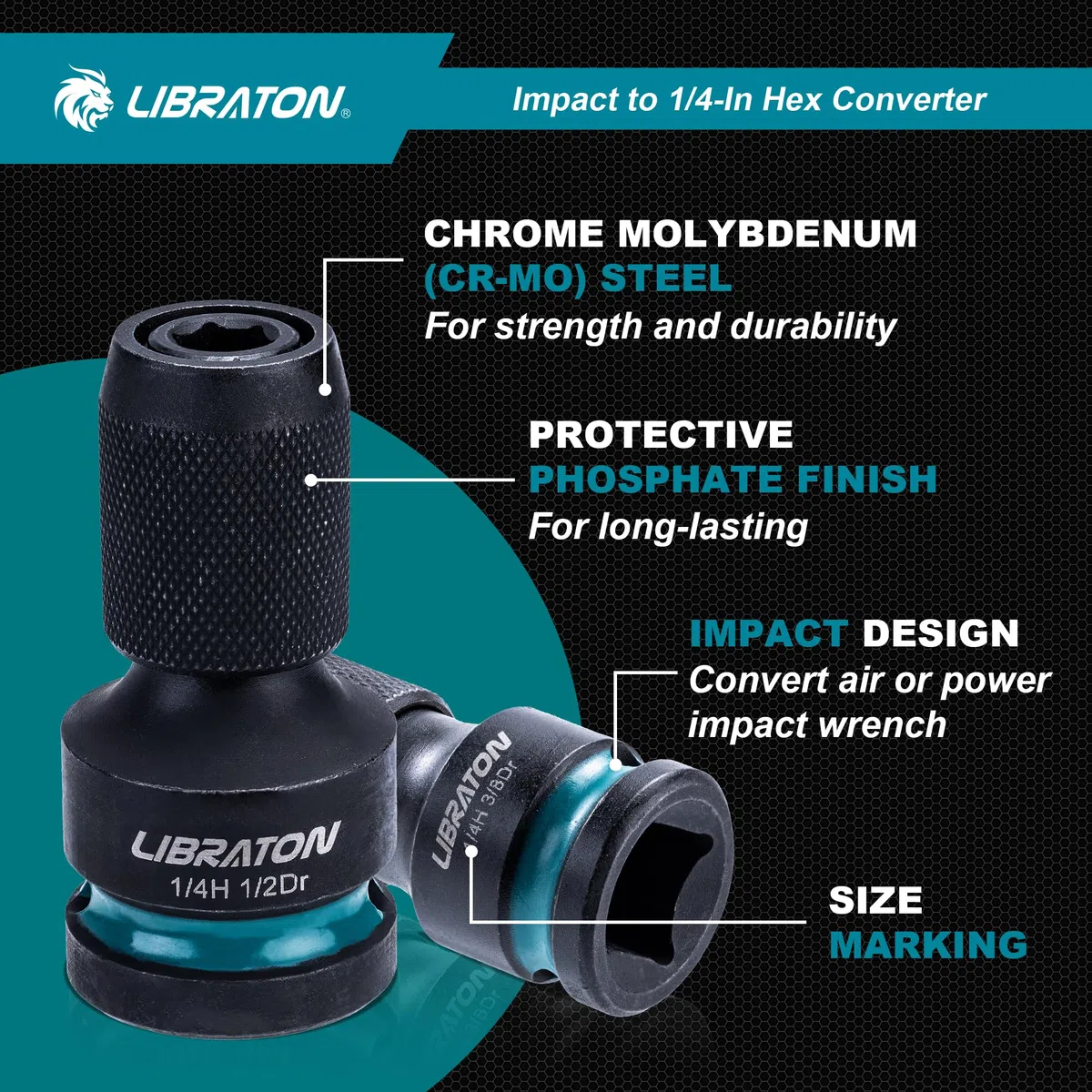 LIBRATON Adattatori Attacco da Quadrello a Esagonale da 1/2” e 3/8” a Esagonale, Convertitore per Chiavi a Cricchetto, Portapunte a Impatto, Sgancio Rapido, Cr-Mo