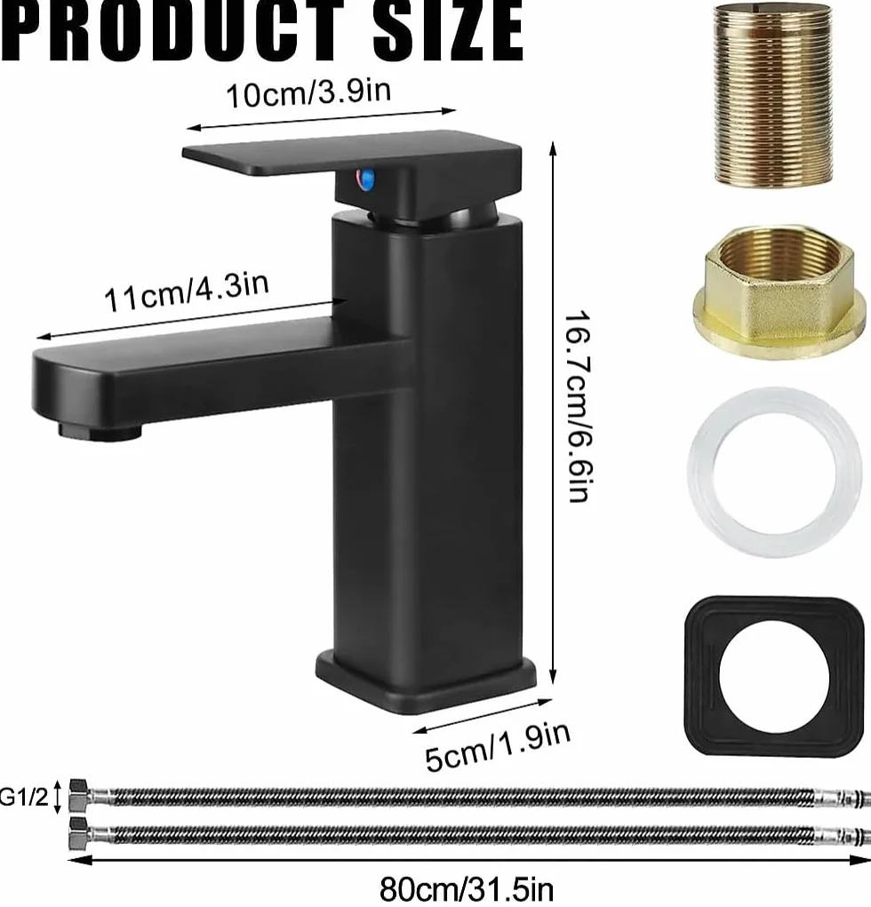Rubinetto Bagno Lavabo Nero, Miscelatore Rubinetto Bidet Nero con Acqua Calda e Fredda Disponibile, Miscelatore Bagno Lavabo con due Flessibili, per Wc(C)