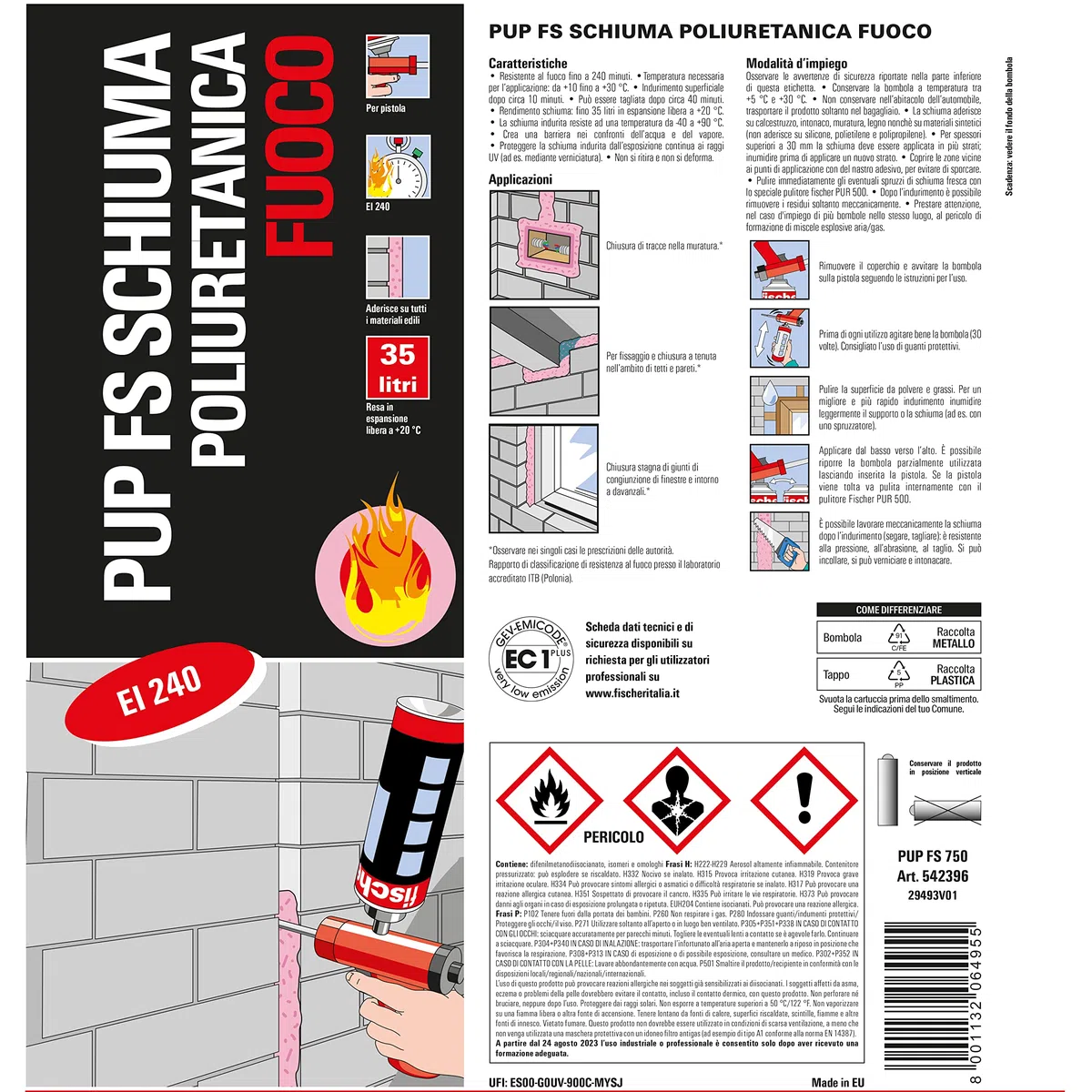 Fischer PUP FS Schiuma Poliuretanica Resistente al Fuoco per Pistola, per Applicazioni Antifuoco, 542396