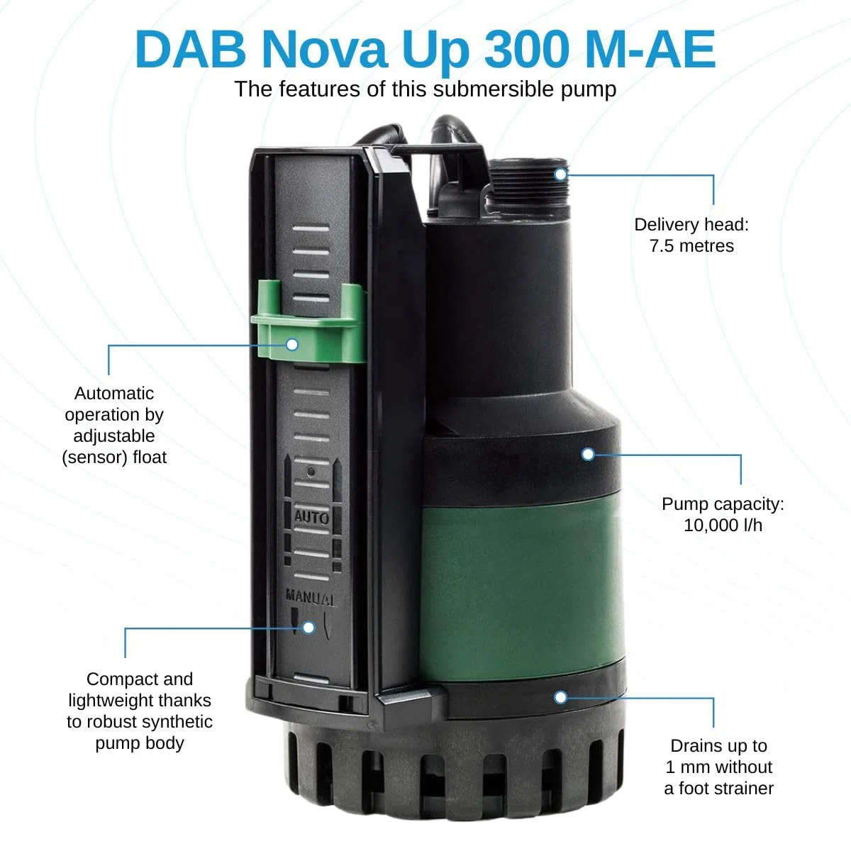 DAB NOVA UP 300 M-AE - Pompa sommergibile per drenaggio acque chiare ad uso domestico 0,21 kW / 0,28 HP con accensione automatica 60153572