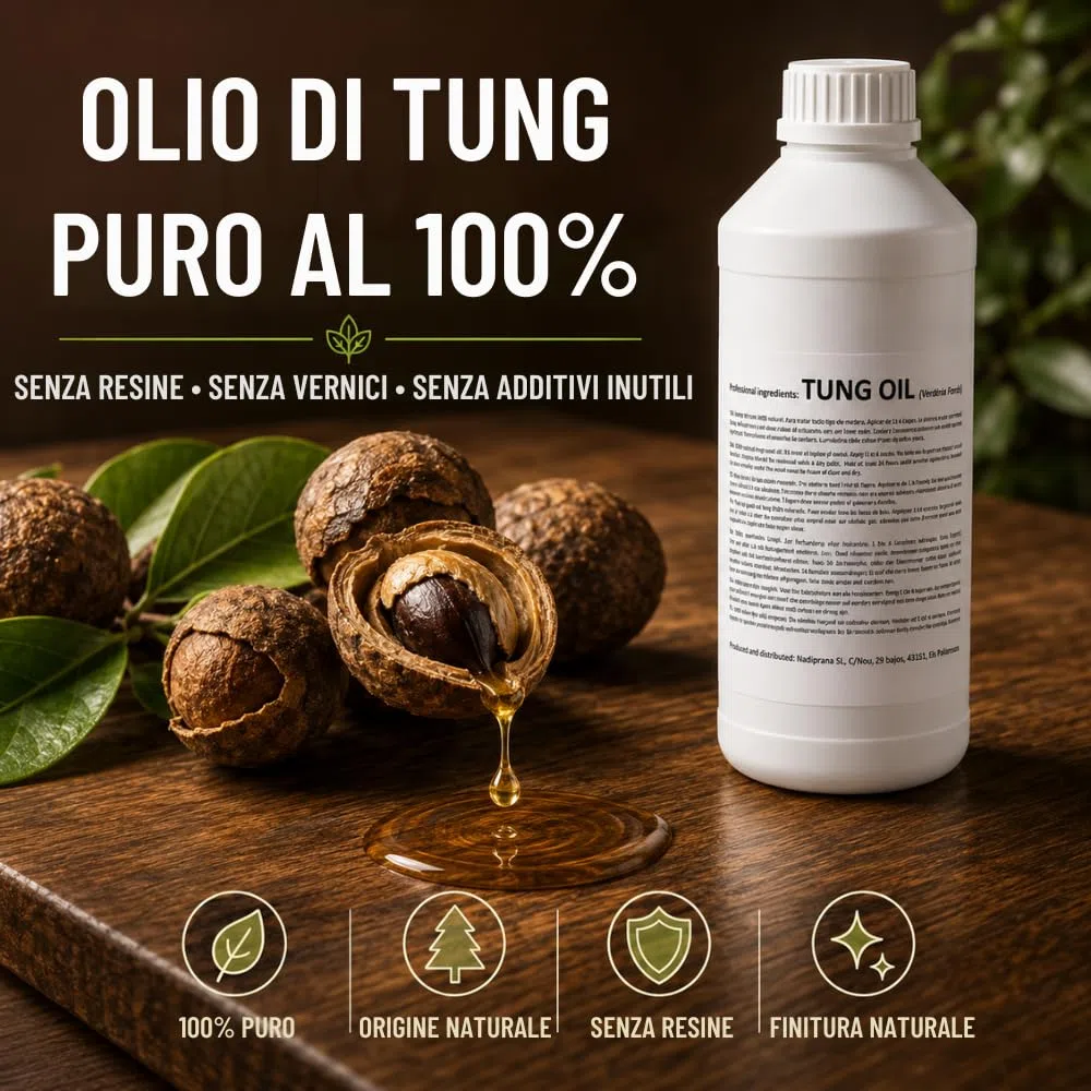 1 litro Olio di tung puro al 100% | Cura del legno naturale per interni ed esterni | Non altera il colore lasciando uno strato impermeabile molto resistente. - Snadi