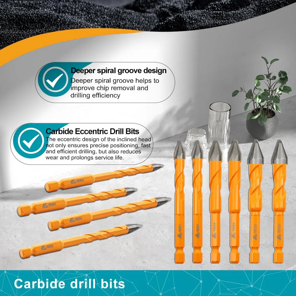 Set di Trapani Eccentrici in Carburo (10 Pezzi) - Per Piastrelle, Marmo, Muratura, Legno, Plastica (6mm*4+8mm*2+10mm*2+12mm*2)