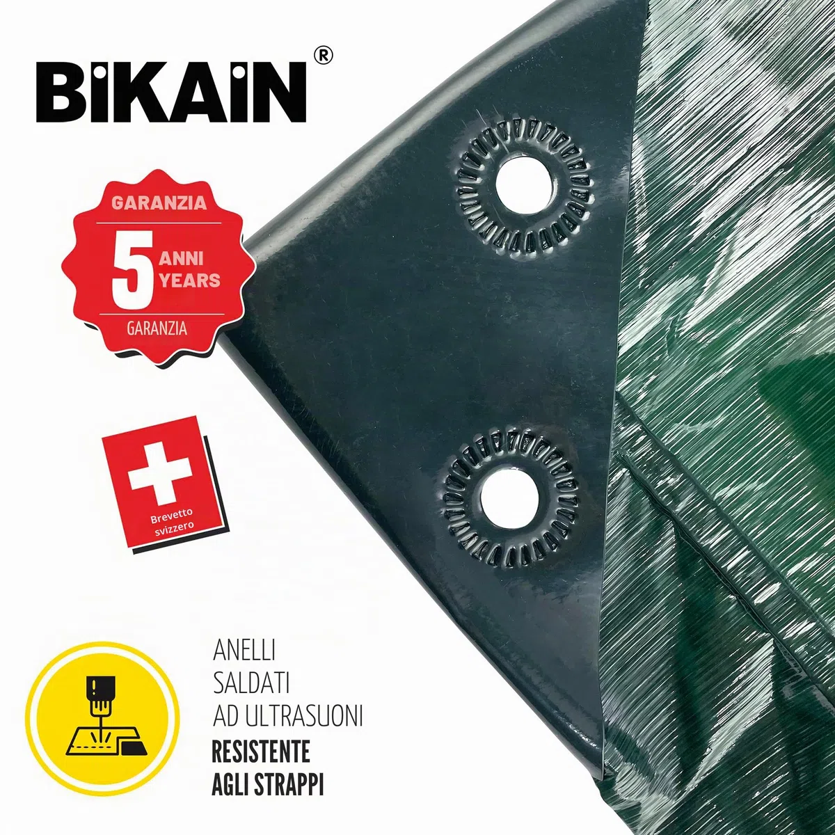 Bikain - Telo Impermeabile esterno - 3x5 metri - 90g/m2 Rinforzato - Occhielli Antistrappo - Telo 100% Impermeabile e 100% Protezione UV - Copritutto Multiuso - 3 Strati Laminato Incrociato