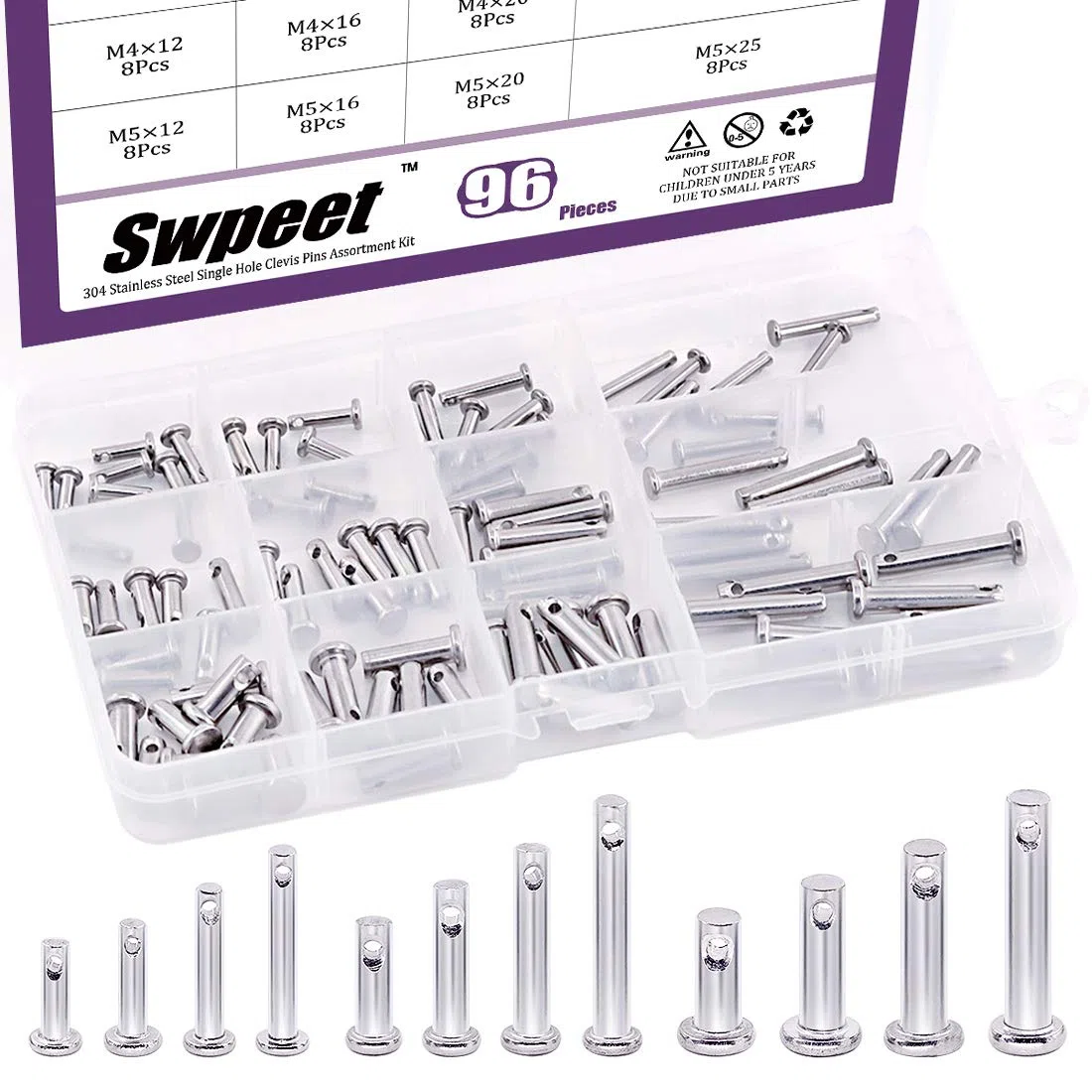 Swpeet - Set di 96 perni a foro, in acciaio inox 304, M3, M4, M5, 12, con perno a forma di T, con scatola di plastica
