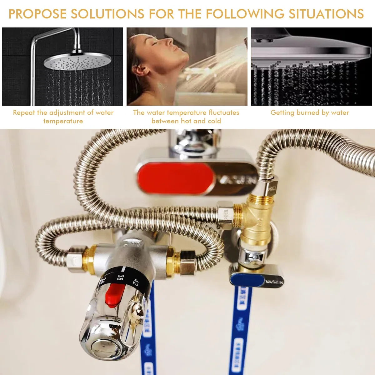 Termostato valvola di miscelazione G1/2 pollici 3 vie – Miscelatore termostatico in ottone per sistema doccia bacino tubo – Miscelatore termostatico regolatore di temperatura acqua calda