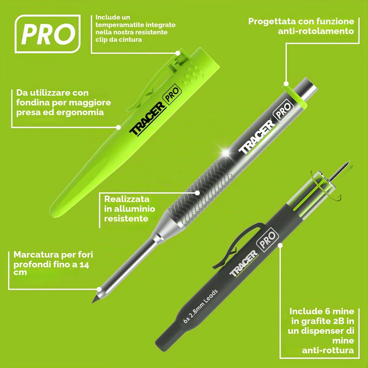 Tracer Pro Series Matita Alluminio Fori Profondi | Marcatura 145mm, 6 Mine Ricambio, Fondina Cantiere
