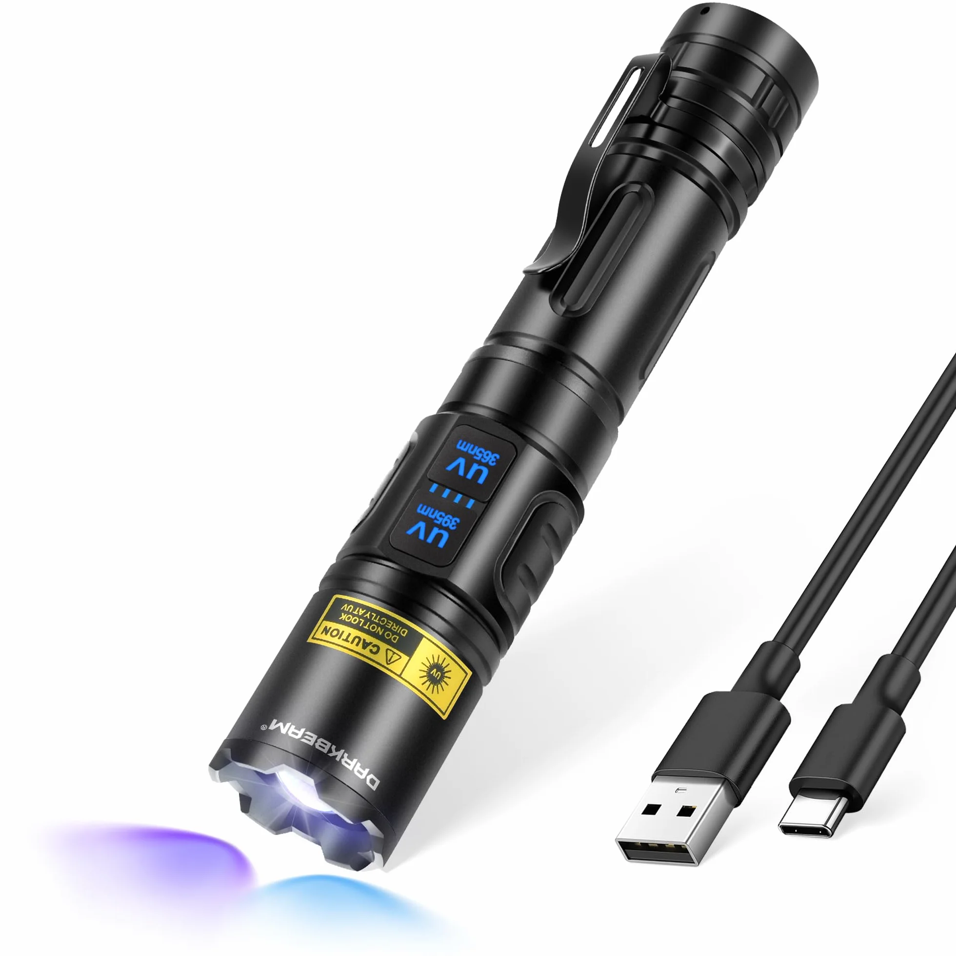 DARKBEAM Torcia UV 365nm & 395nm Doppia Luce Nera, LED Potente Lampada di wood Ricaricabile USB Torce Ultraviolette Rilevatore di urina per gatto/cane, per minerali, vetro uranio, ambra, resina