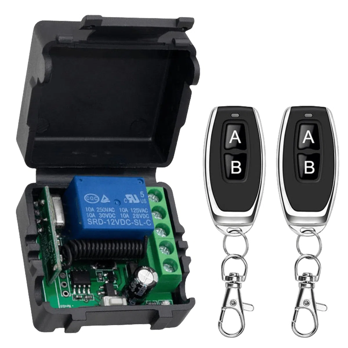 Interruttore radiocomandato, 5 V, 12 V, 24 V, 30 V, interruttore radio con 2 telecomandi, ricevitore relè a 1 canale, porta del garage universale, senza potenziali contatti