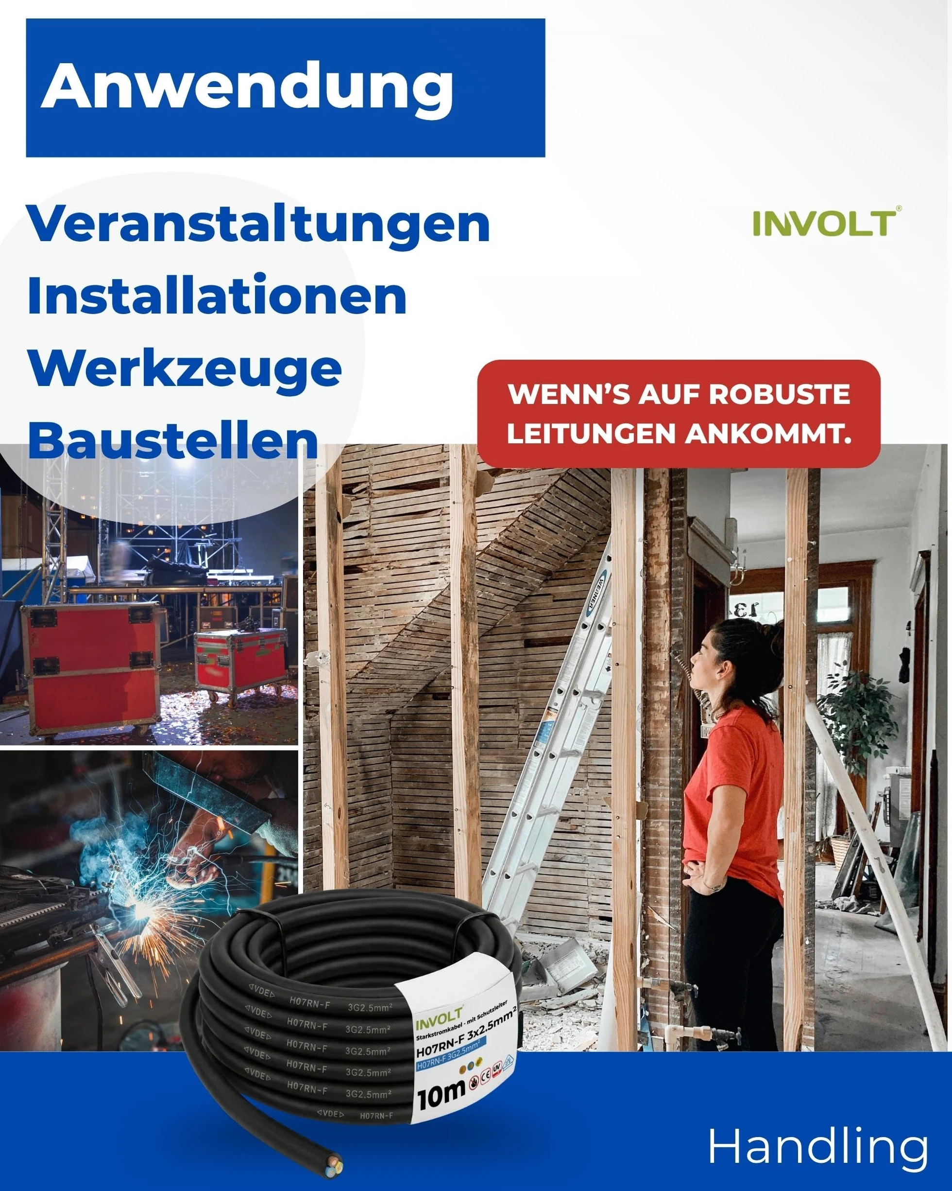 INVOLT Cavo di prolunga CEE, 10 m, H07RN-F 3G2,5 mm², cavo flessibile in gomma con conduttore di protezione, per esterni, cantieri, certificato VDE